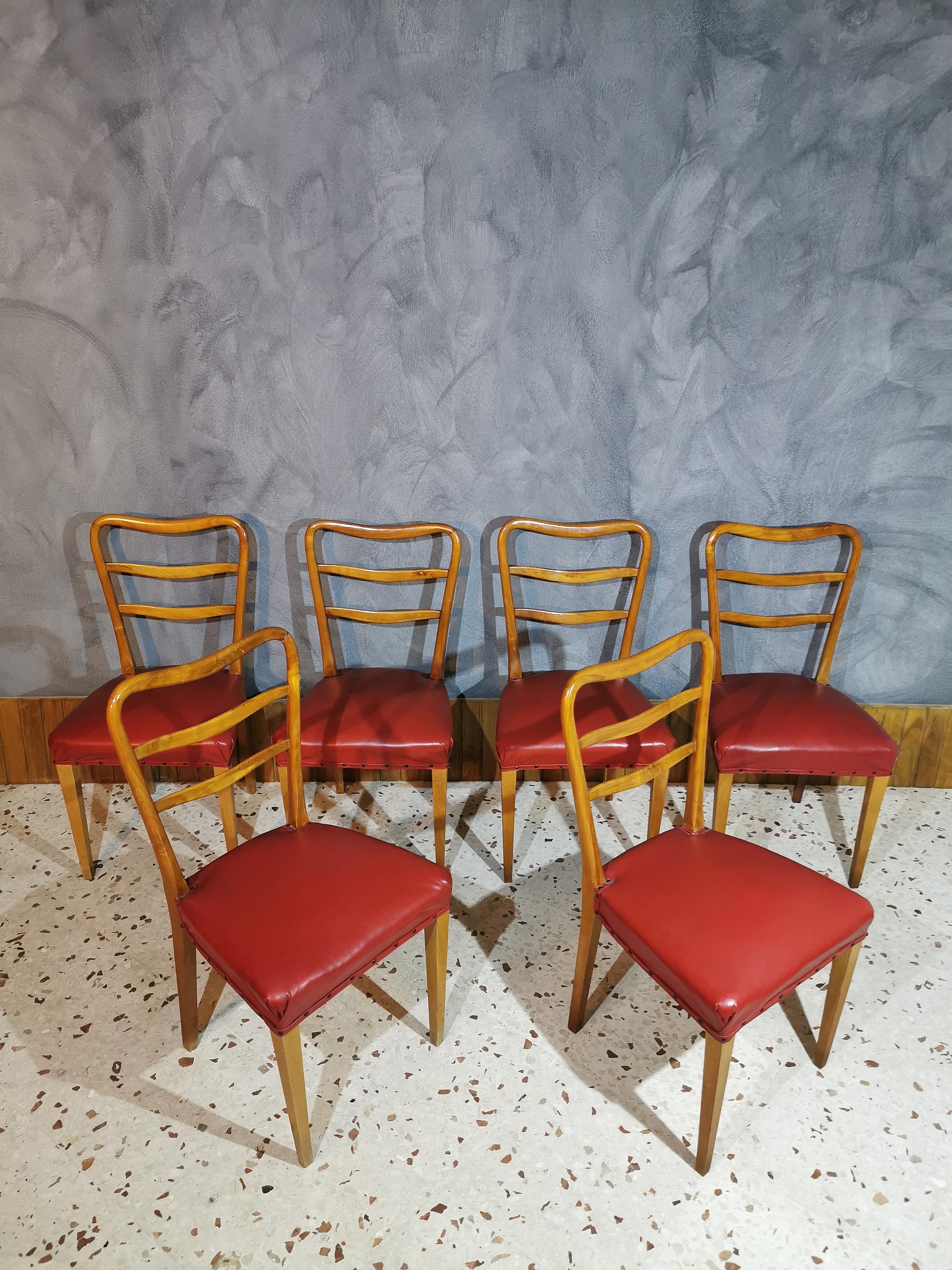 Mid-Century Dining Chairs in the Style of Paolo Buffa in Red Leather, Set of 6 5