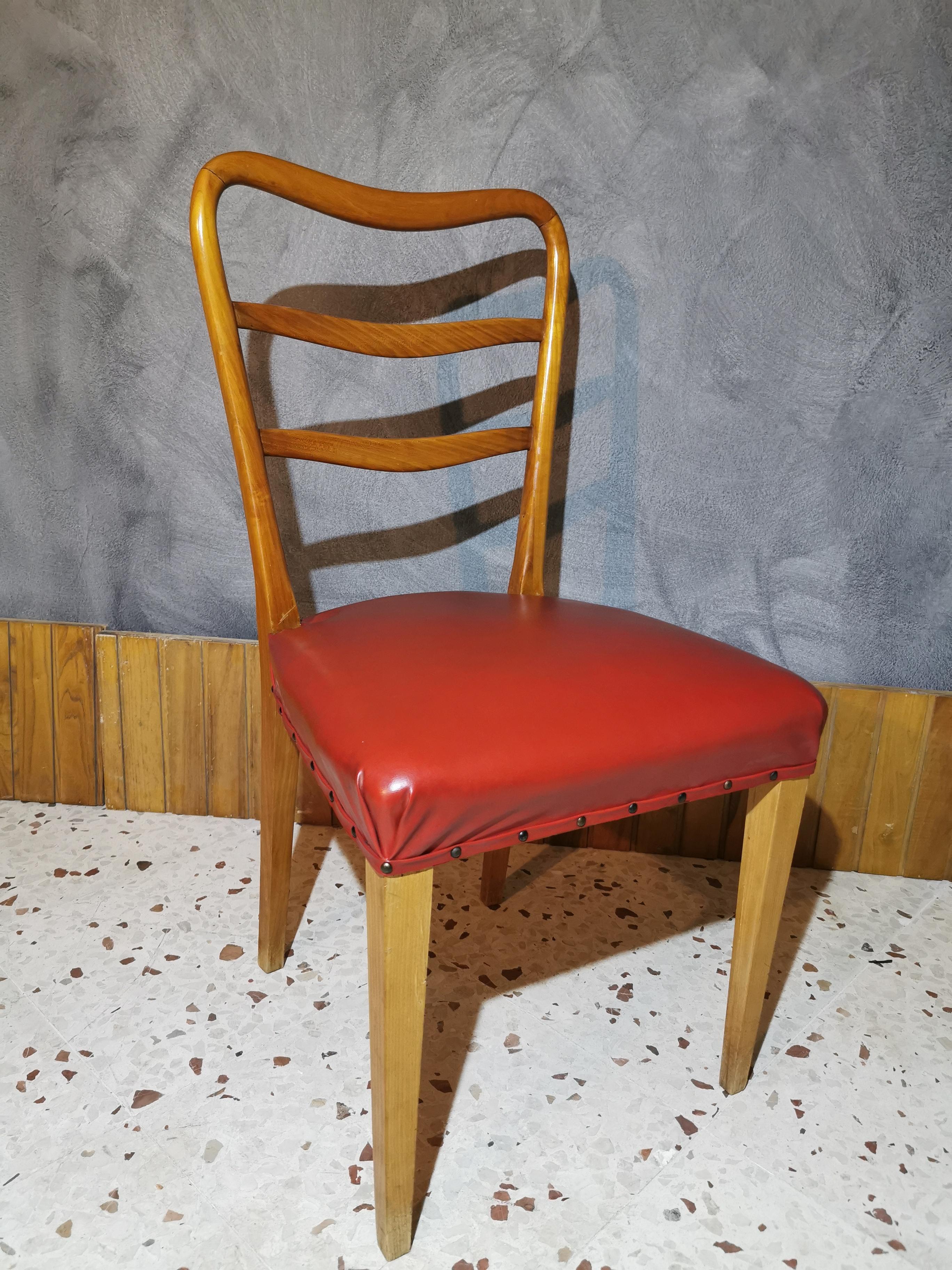 Elegant set of 6 wooden dining chairs in the style of Paolo Buffa, with red leather seat upholstery from the 1950s.