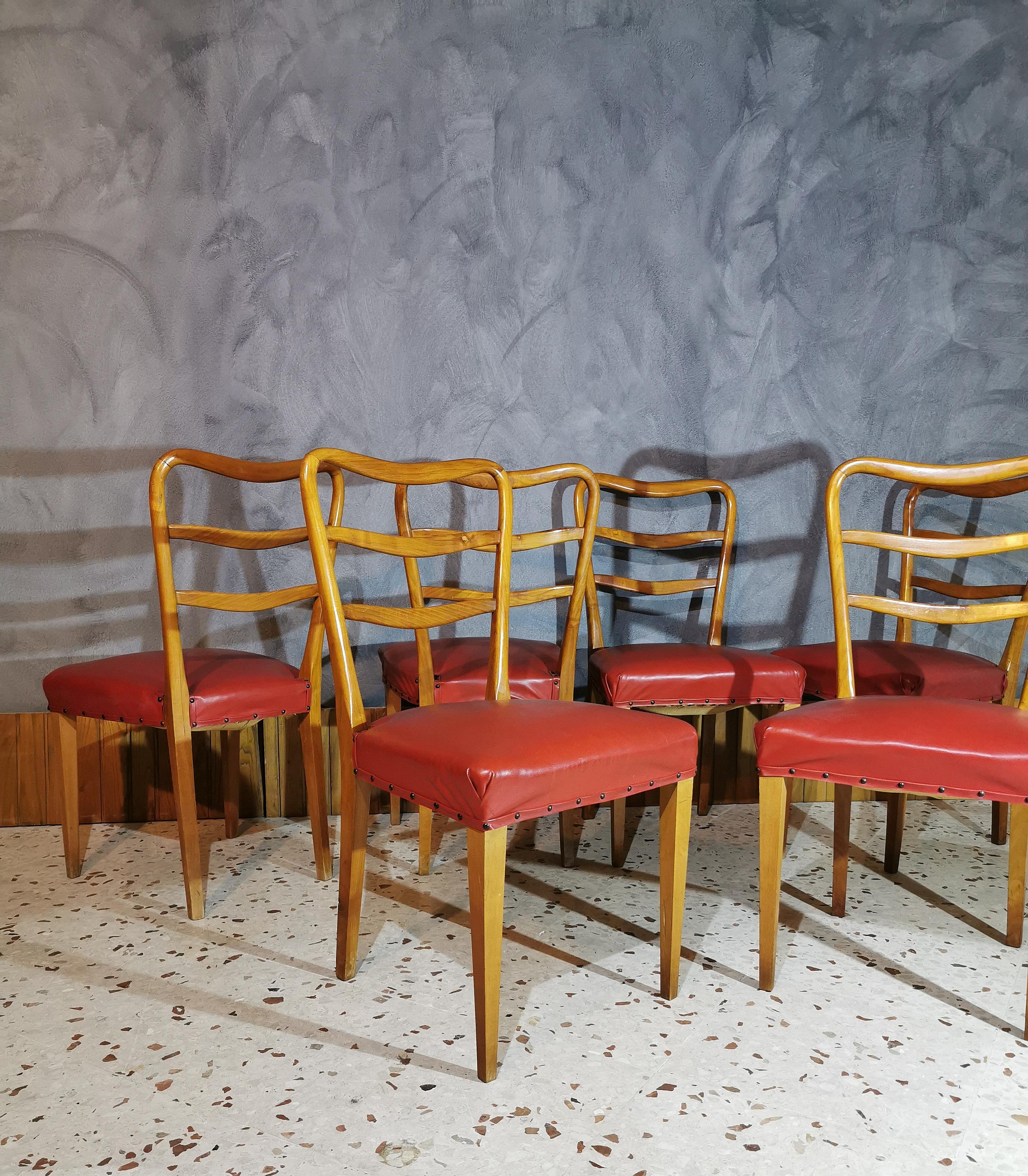 Mid-Century Modern Mid-Century Dining Chairs in the Style of Paolo Buffa in Red Leather, Set of 6