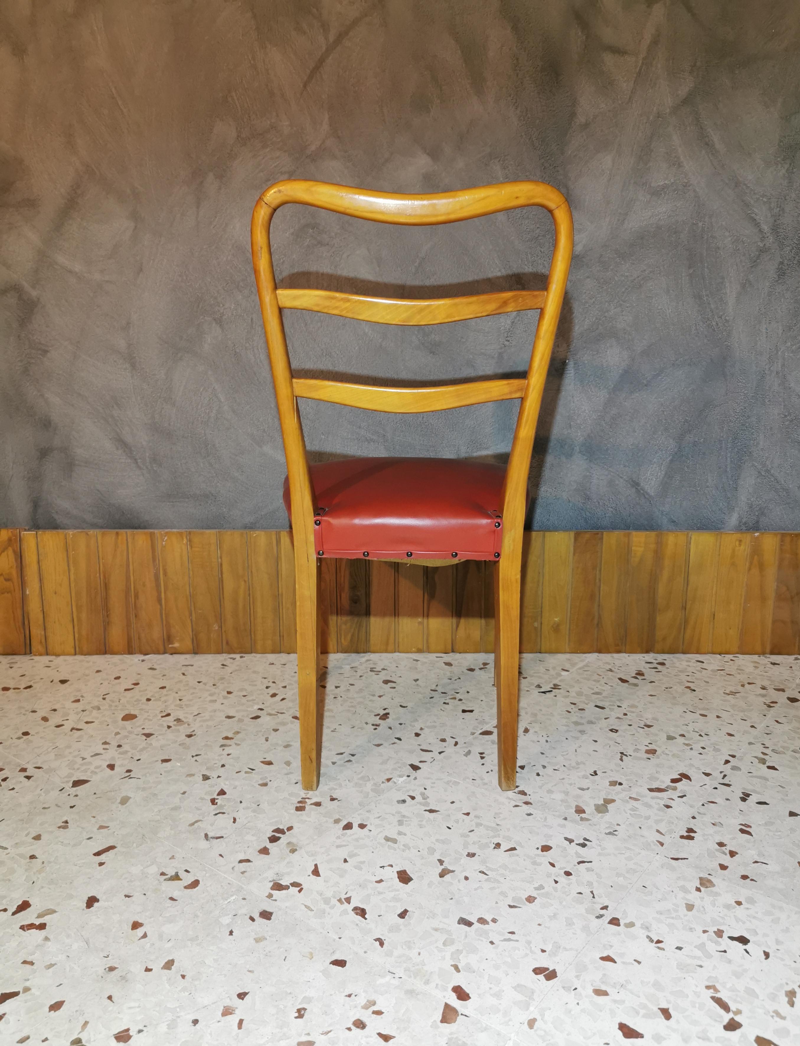 Mid-Century Dining Chairs in the Style of Paolo Buffa in Red Leather, Set of 6 In Fair Condition In Palermo, IT