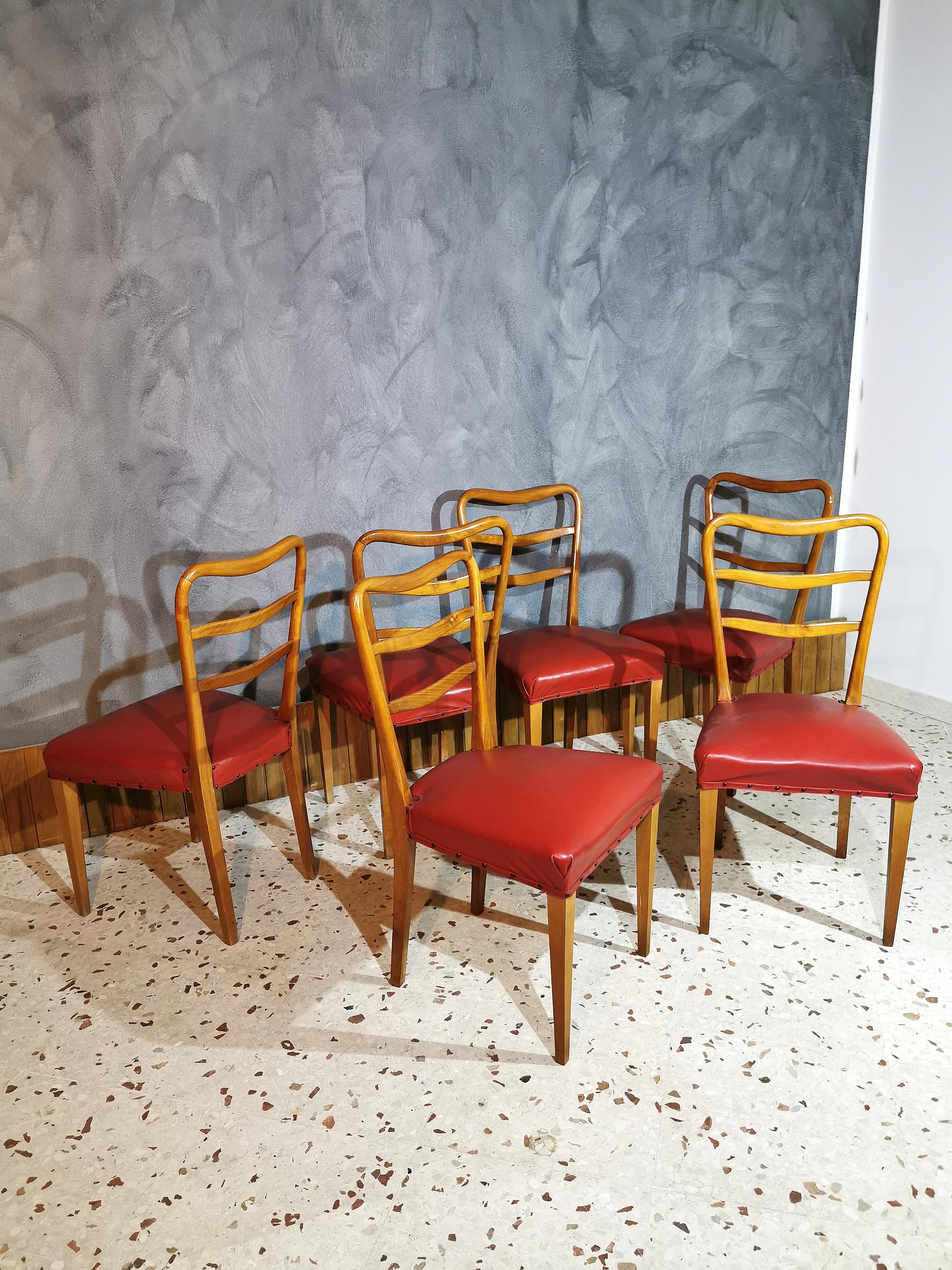 Mid-Century Dining Chairs in the Style of Paolo Buffa in Red Leather, Set of 6 3