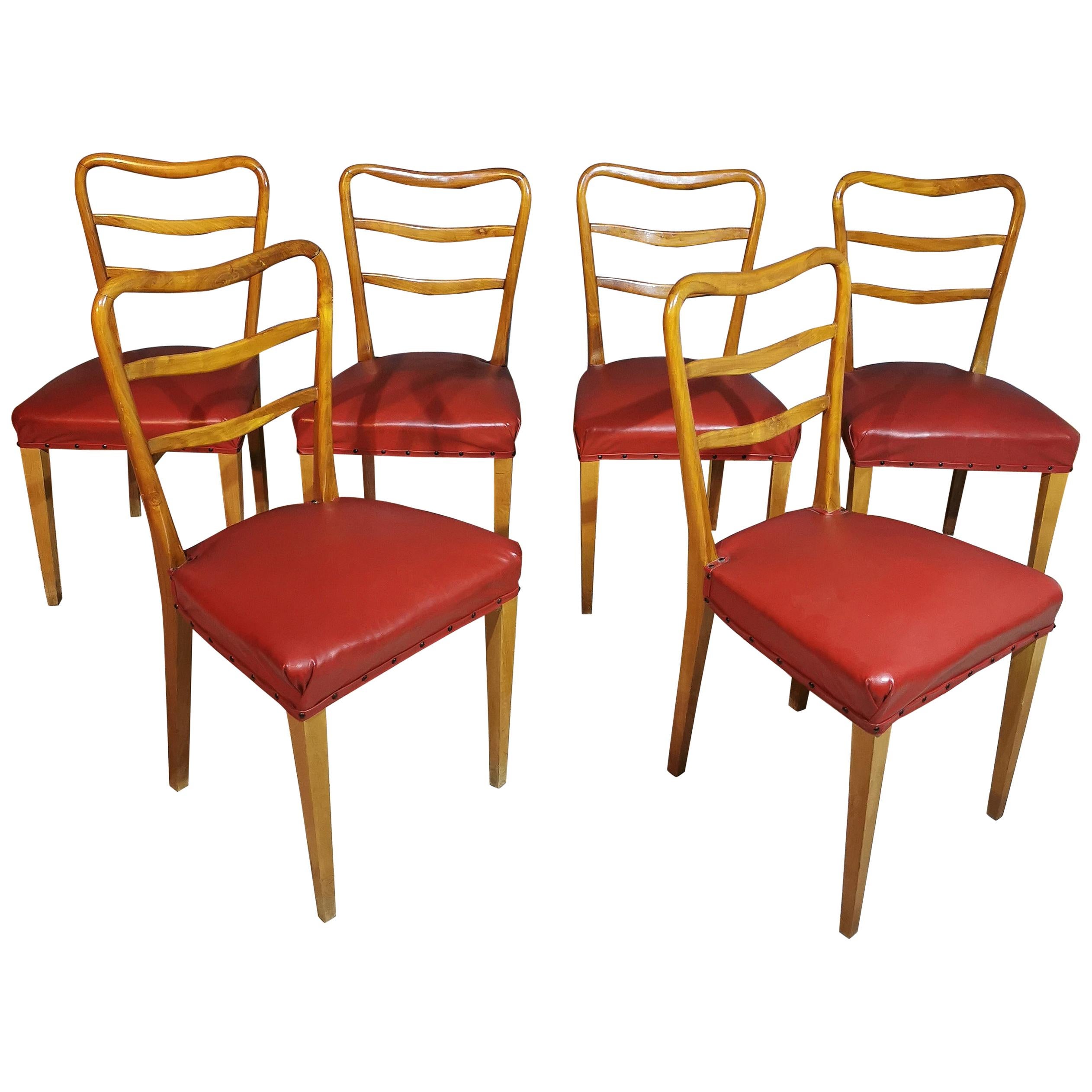 Mid-Century Dining Chairs in the Style of Paolo Buffa in Red Leather, Set of 6