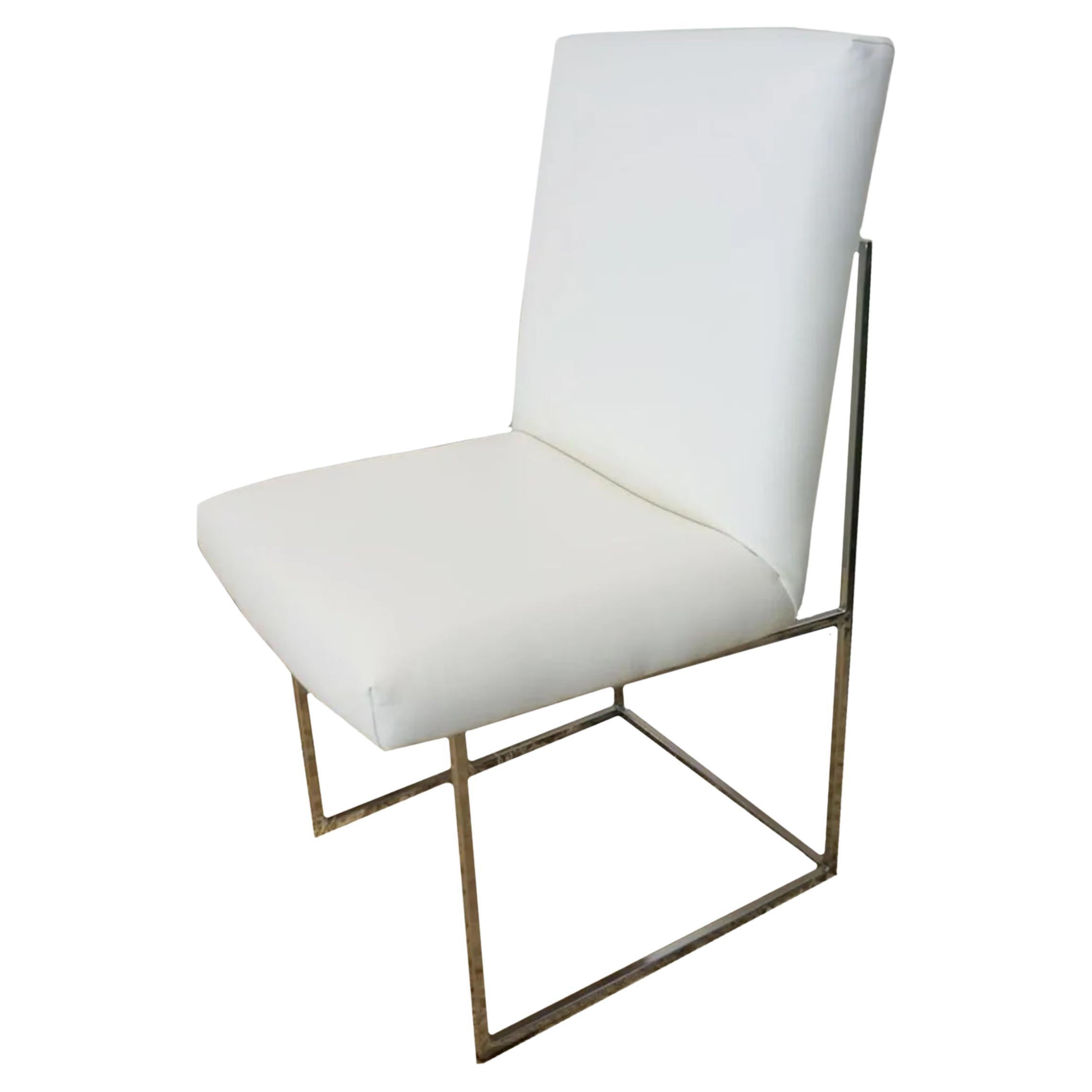 A set of 6 1970s dining chairs, model 1187, designed by Milo Baughman for Thayer Coggin. These chairs feature an open chrome plated steel frame with a fully upholstered seat and backrest. The frames are clean. The upholstery is bright white leather