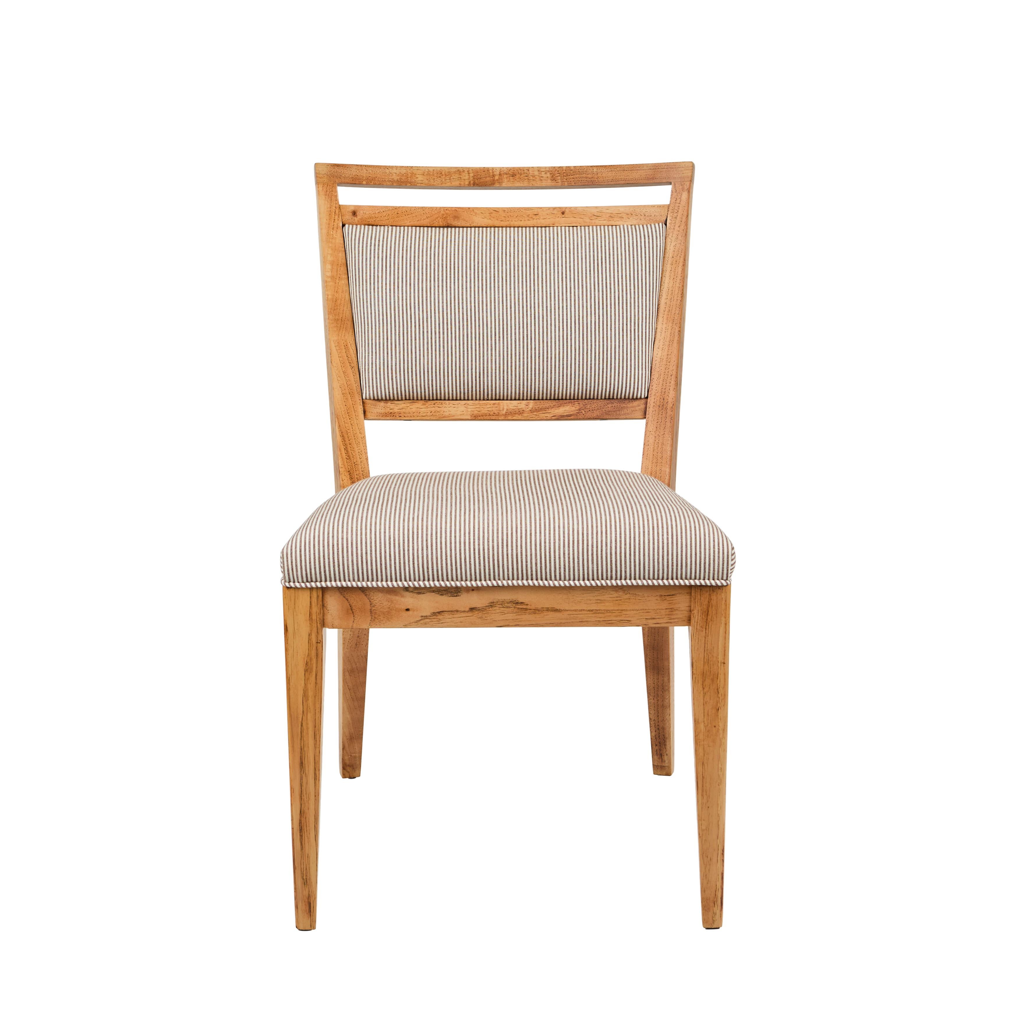Elegant yet inviting this set of 8 Mid-Century dining chairs is fantastic. The set includes 6 ample side chairs and 2 handsome arm chairs. The chair frames have been stripped down to the natural wood grain and the cushions/backs have been newly