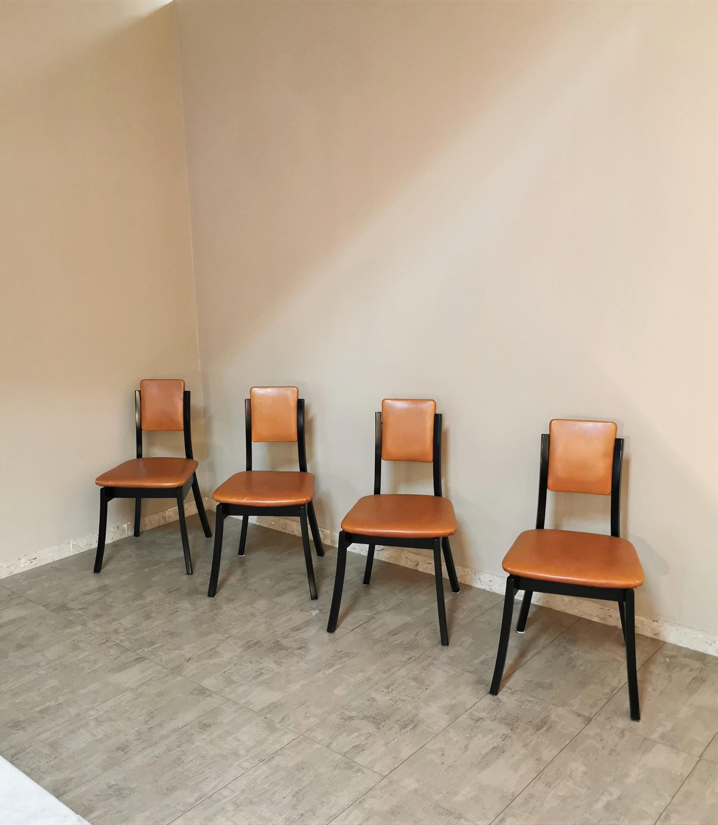 Italian Mid Century Dining Chairs Wood Leather by Angelo Mangiarotti Italy 1970 Set of 4