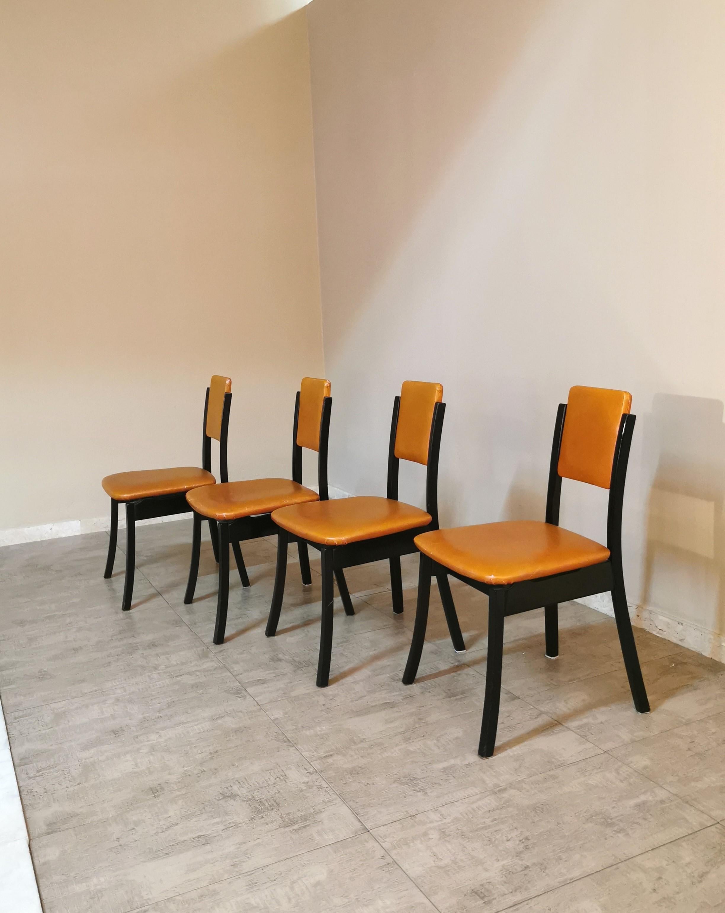 20th Century Mid Century Dining Chairs Wood Leather by Angelo Mangiarotti Italy 1970 Set of 4