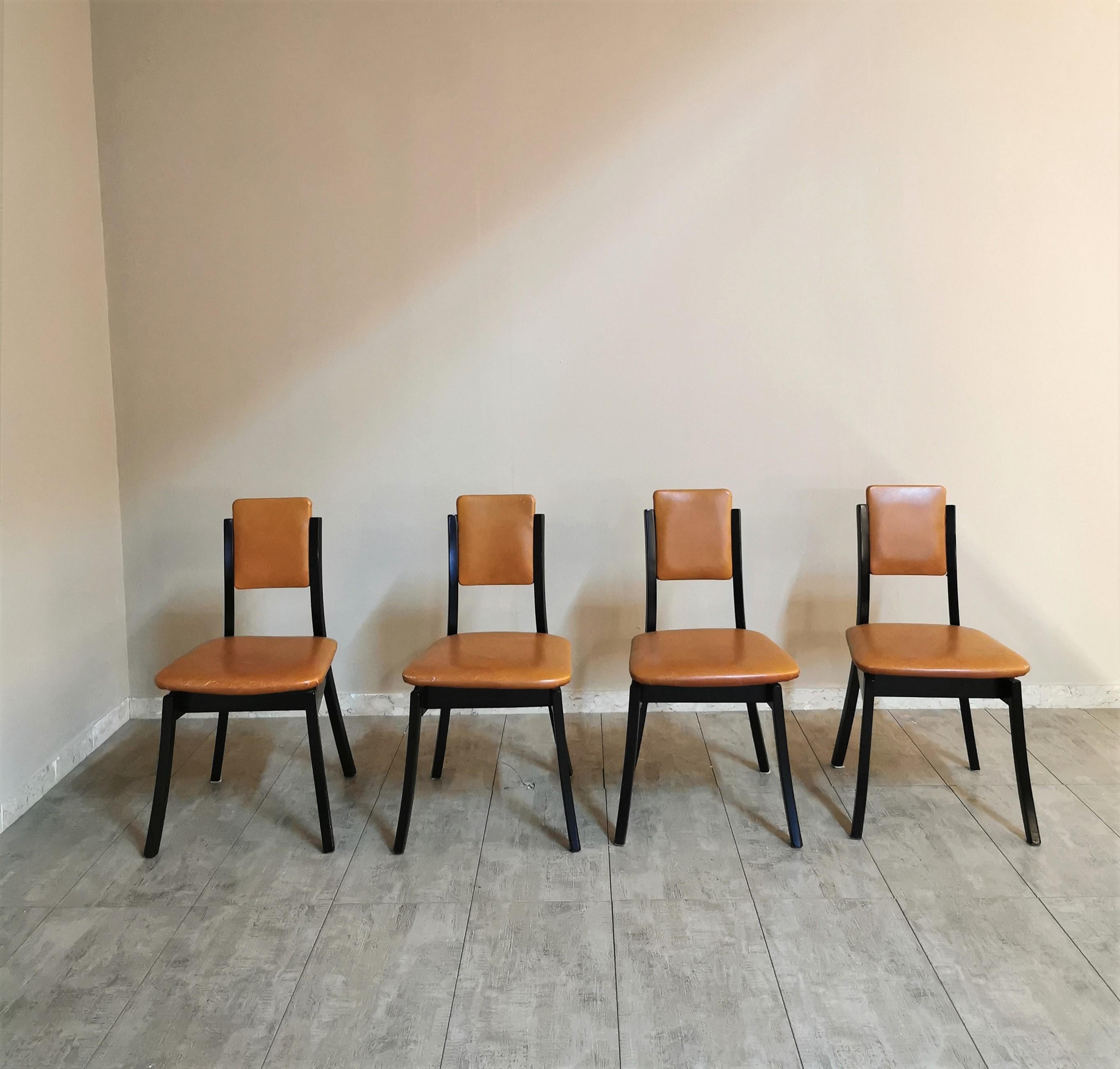 Mid Century Dining Chairs Wood Leather by Angelo Mangiarotti Italy 1970 Set of 4 3