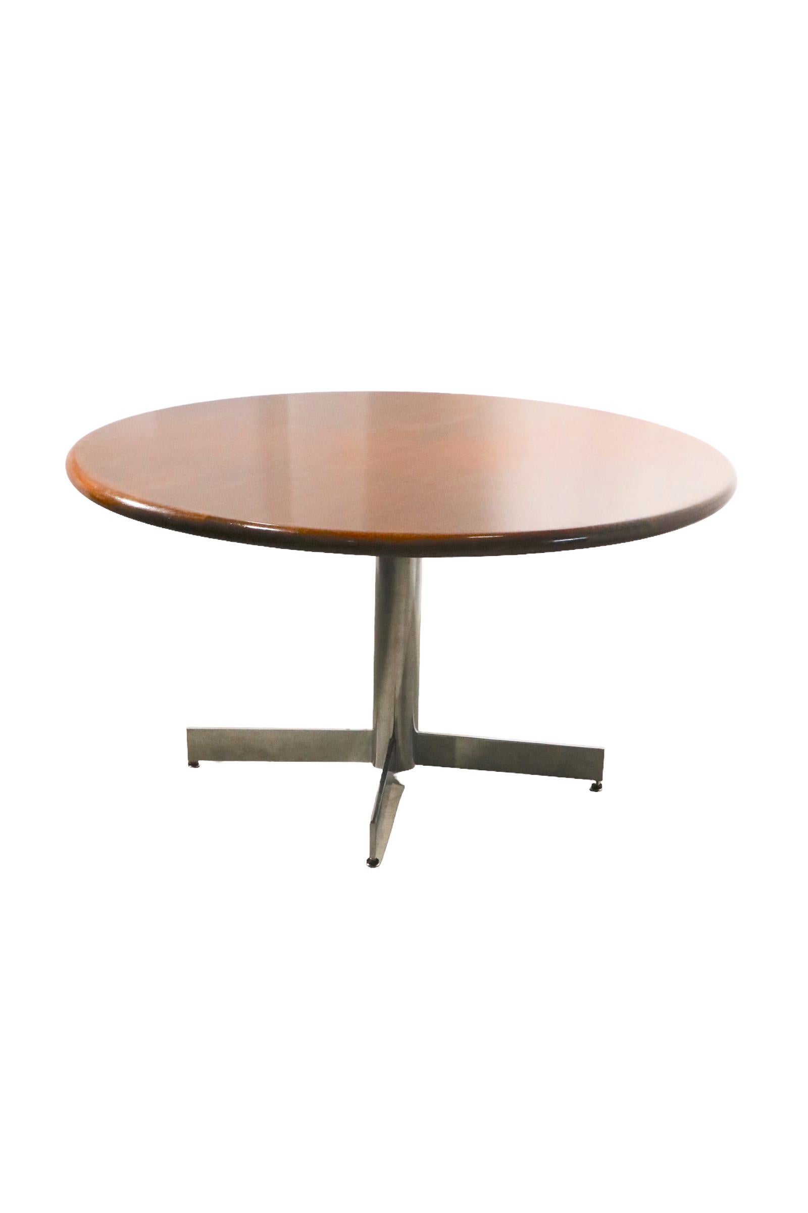 Mid Century Dining Conference Table with Round Solid Walnut Top on Chrome Base For Sale 7