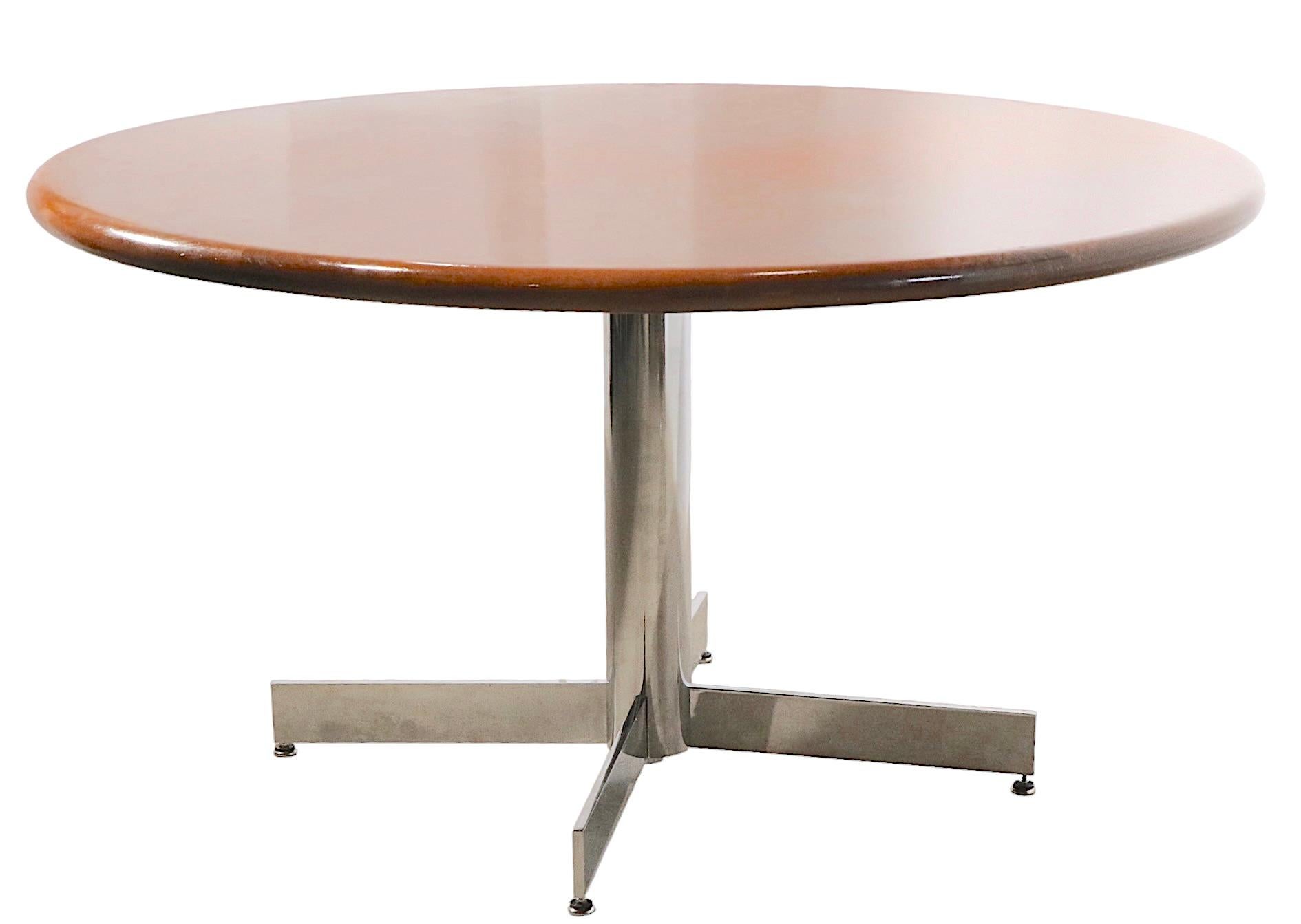 Mid Century Dining Conference Table with Round Solid Walnut Top on Chrome Base For Sale 8