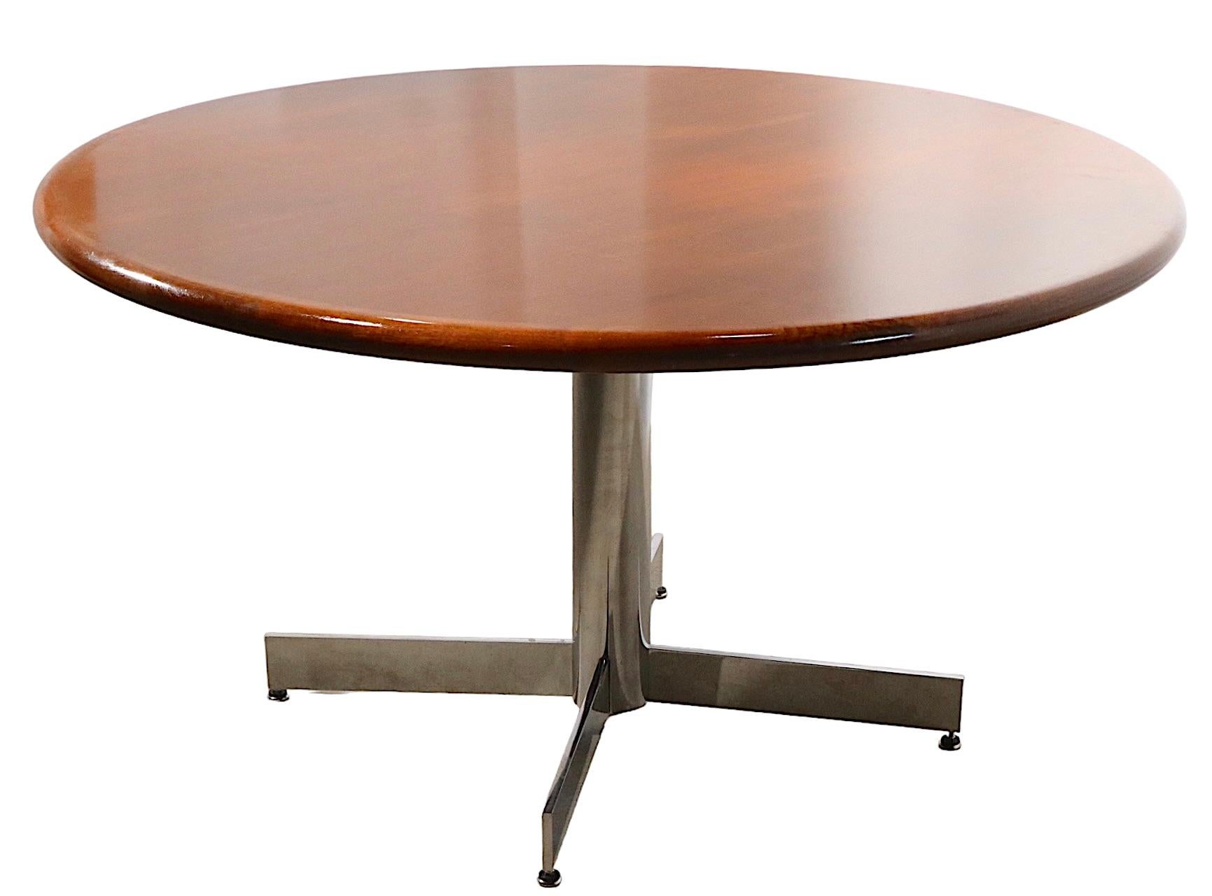 Mid Century Dining Conference Table with Round Solid Walnut Top on Chrome Base For Sale 11