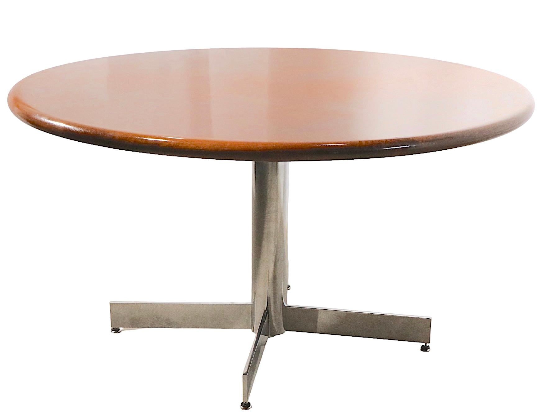Mid Century Dining Conference Table with Round Solid Walnut Top on Chrome Base For Sale 12