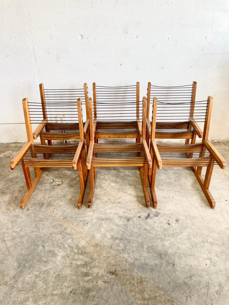 Rare set of 6 hunting dining chairs in solid pine with cord seat and back. Designed by Torbjørn Afdal for Bruksbo in 1960s, Norway. 