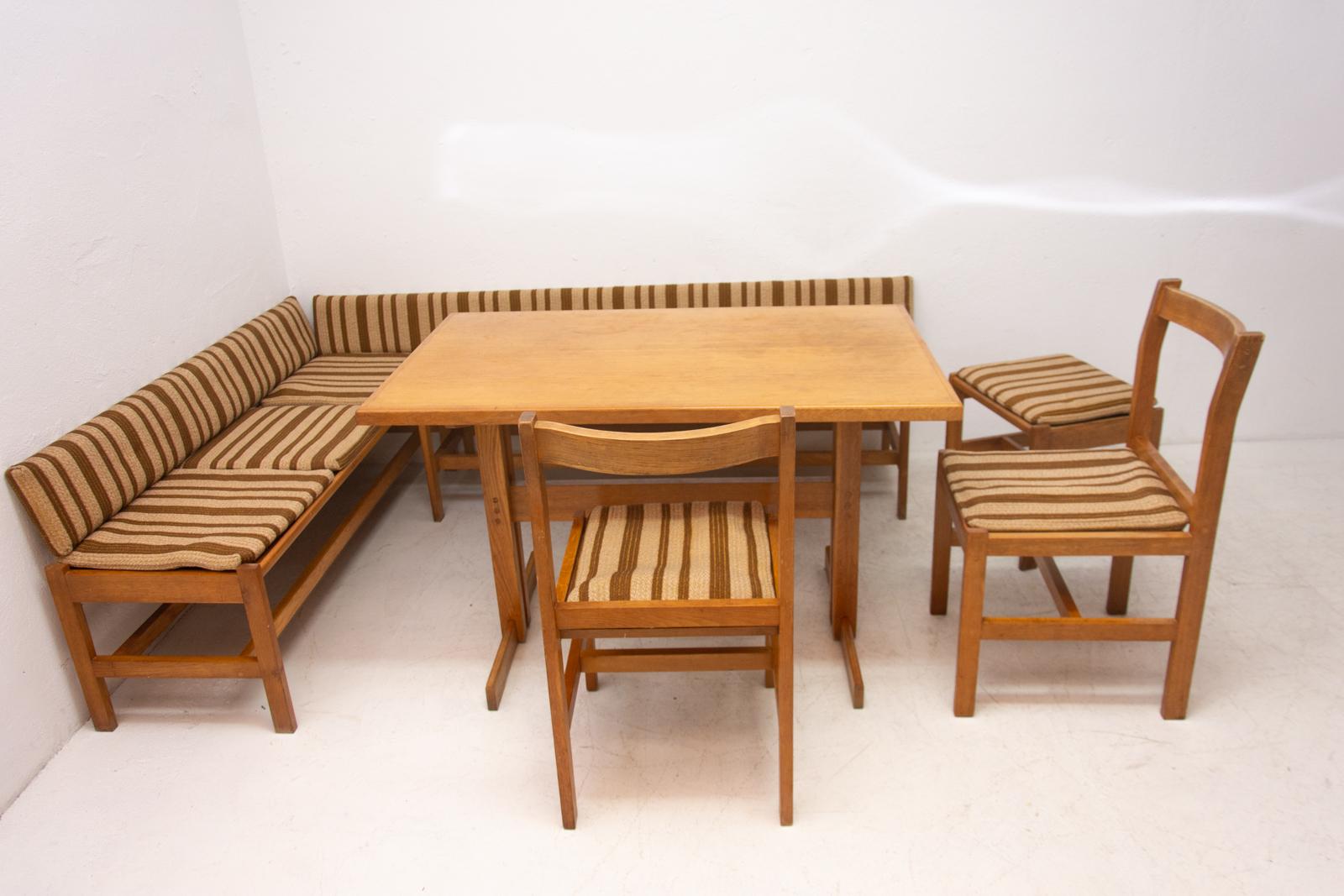 These dining room set was made by Krásná Jizba company in the 1950s.

It consist of a corner bench, a dining table, two chairs and one stool. It´s made of wood and fabric.

All in good vintage condition.

Price is for the