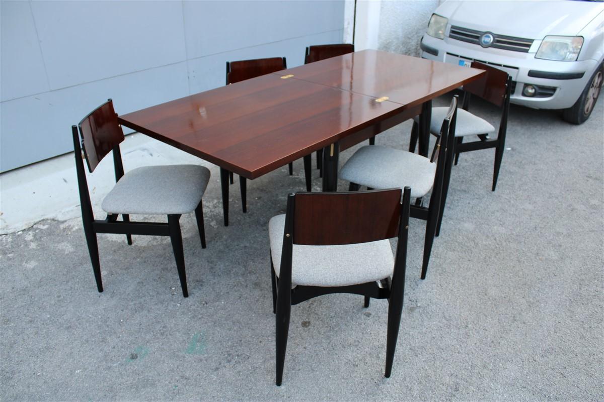 Midcentury Dining Room Sets Teak Wood Brass Italian Design Extendable Table In Good Condition For Sale In Palermo, Sicily