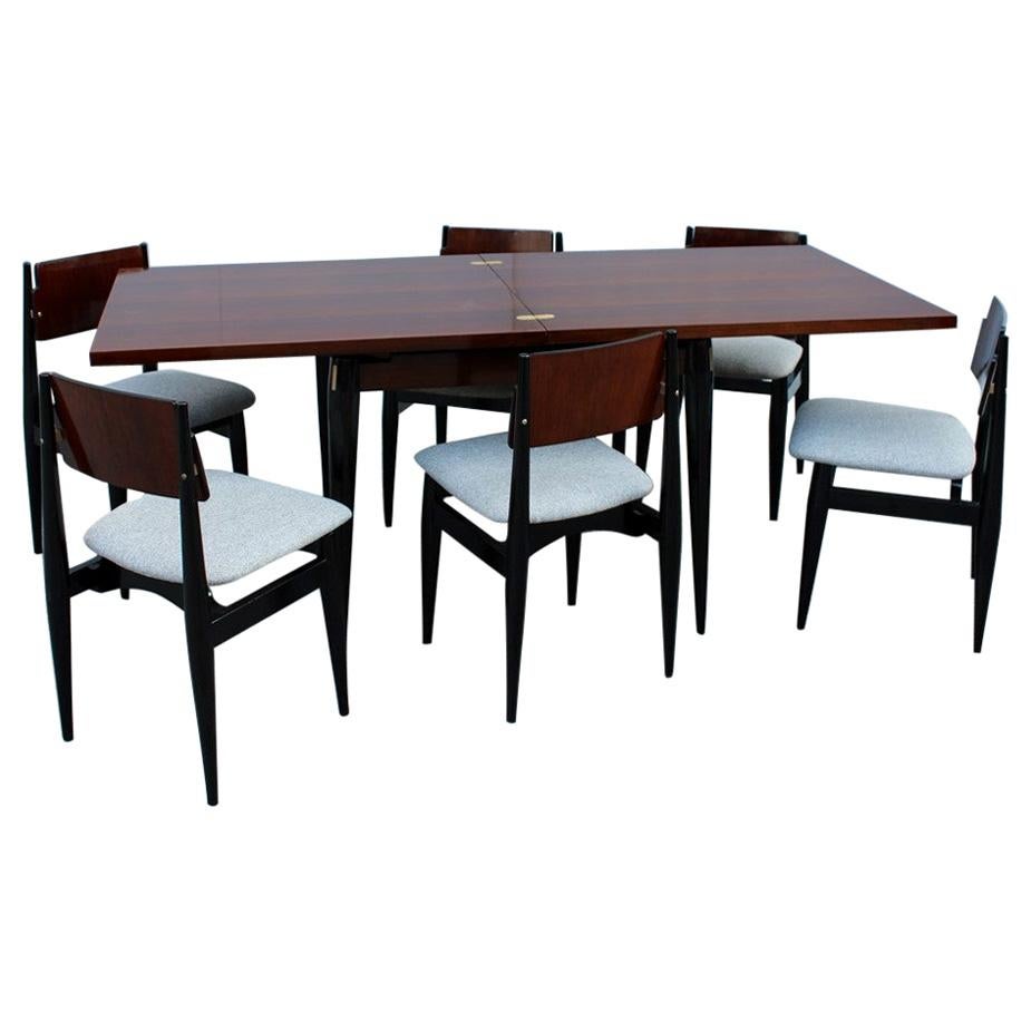 Midcentury Dining Room Sets Teak Wood Brass Italian Design Extendable Table For Sale