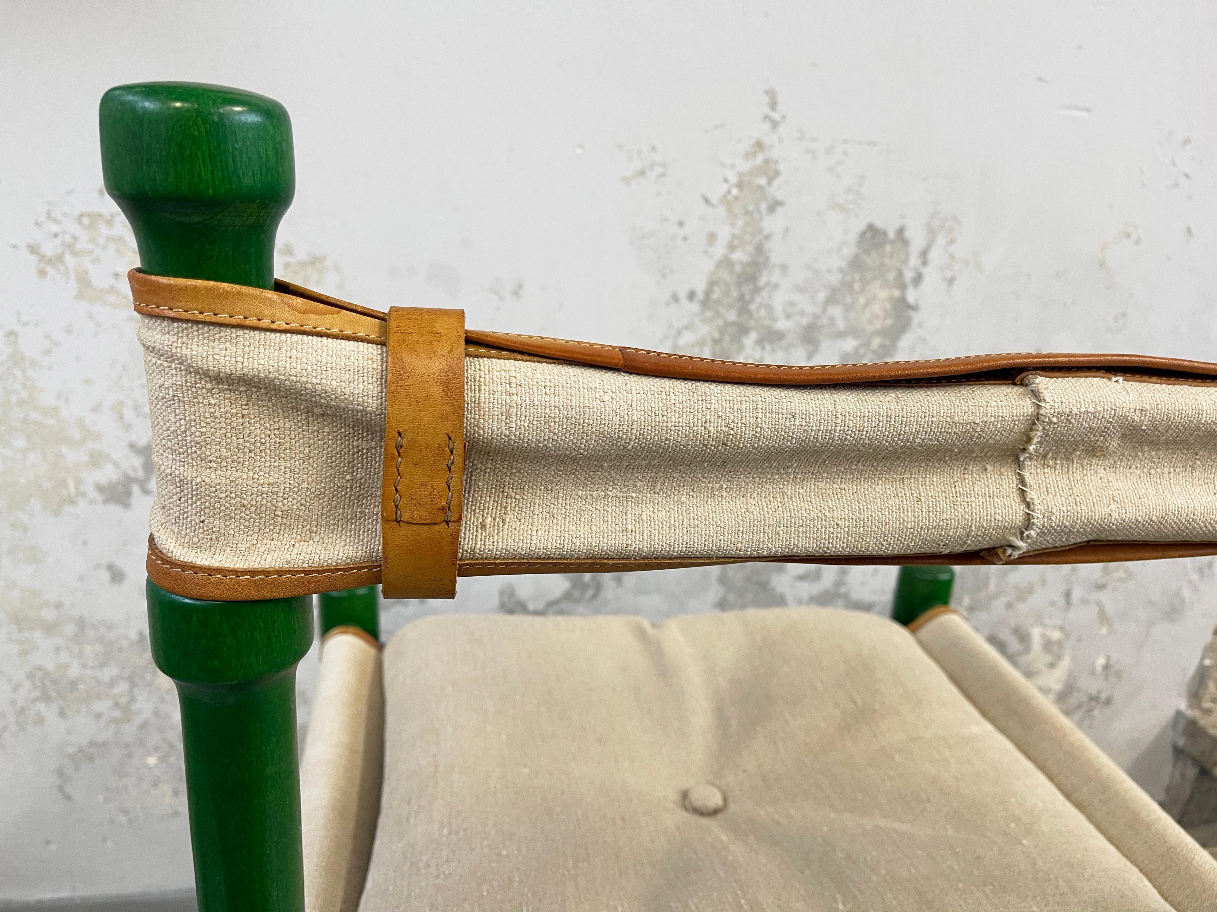Mid-Century Dining Safari Chair Green, Wood, Leather & Linen, 1970s, Scandinavia 3