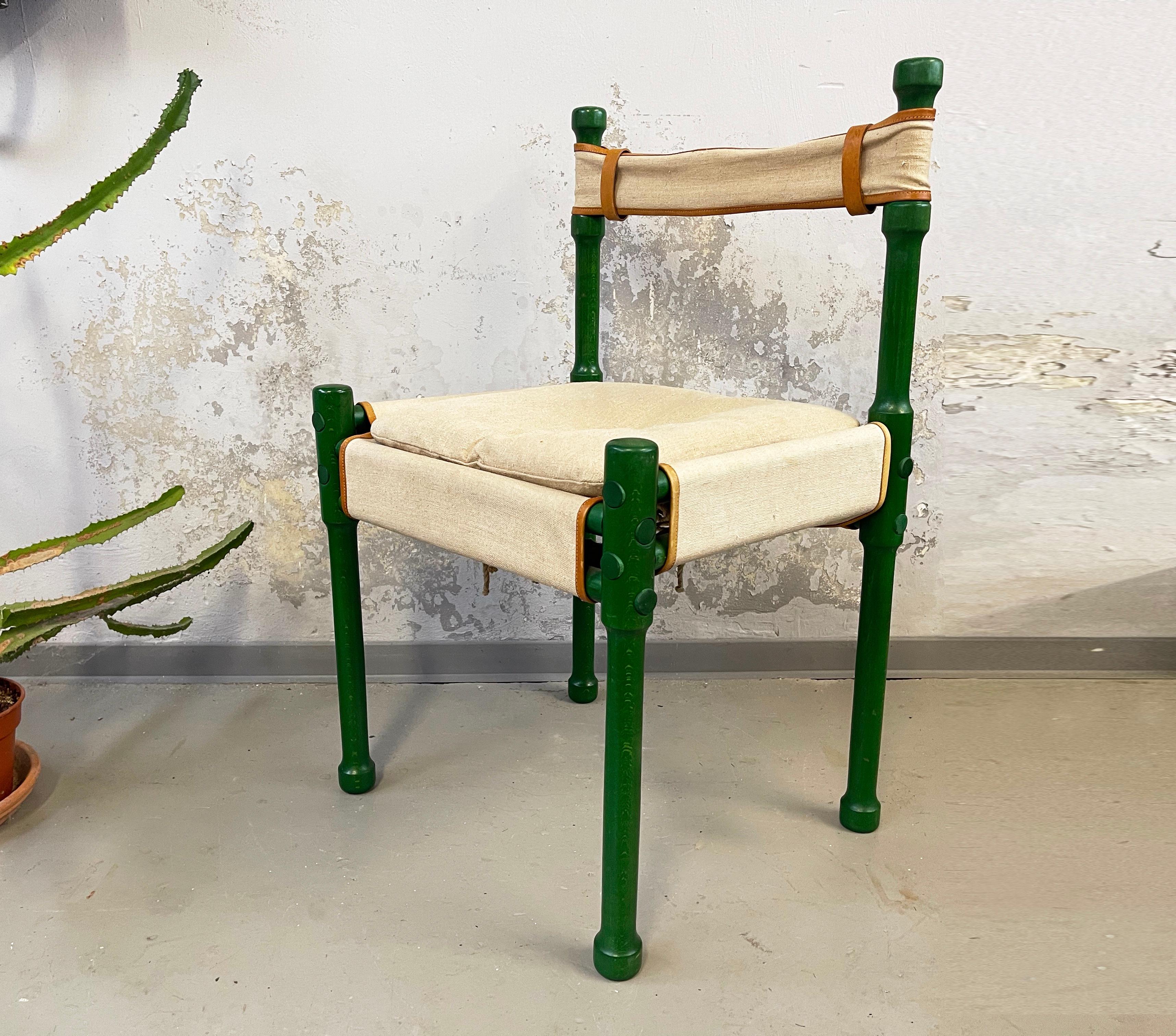 Mid-Century Modern Mid-Century Dining Safari Chair Green, Wood, Leather & Linen, 1970s, Scandinavia