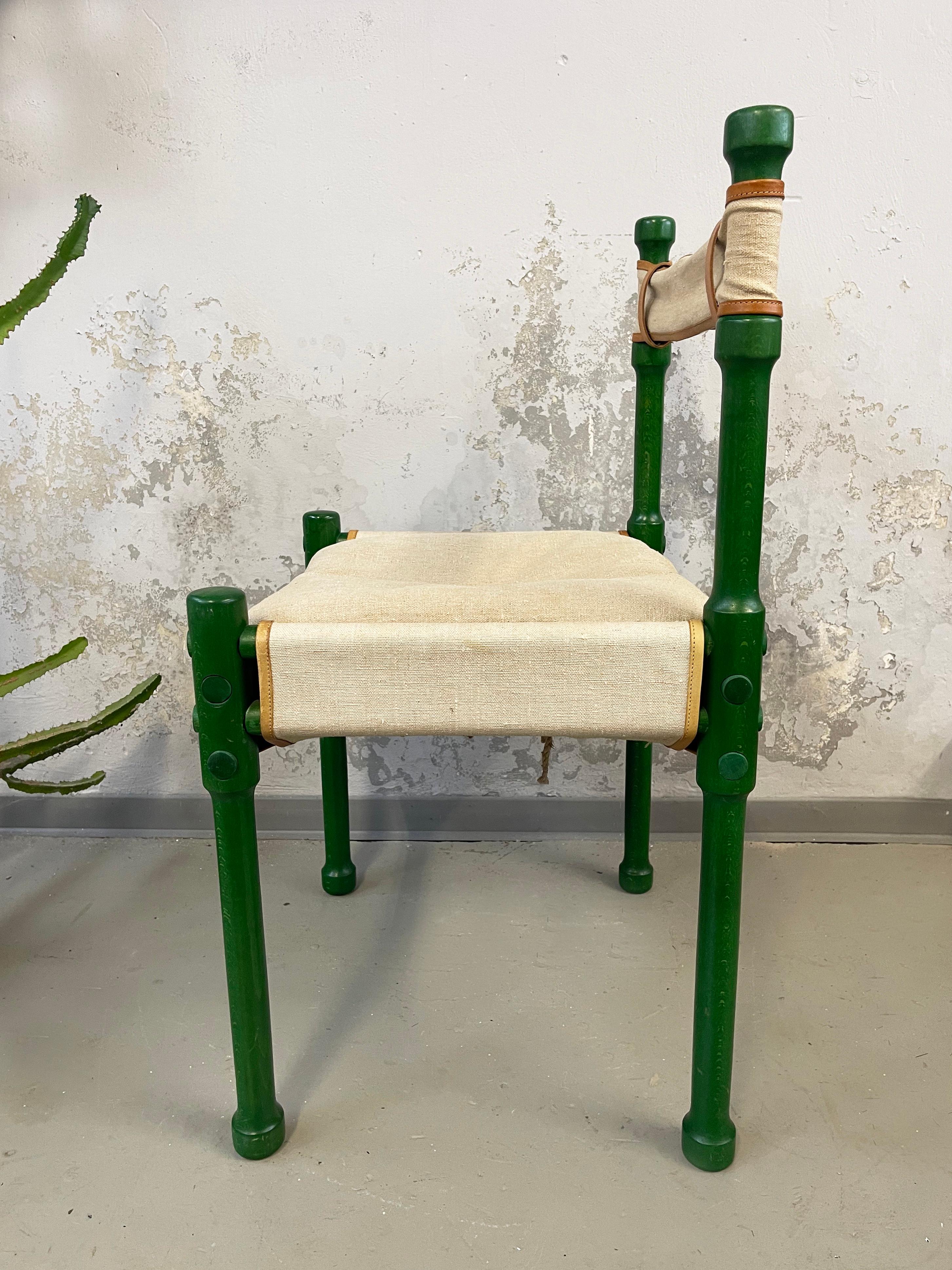 Danish Mid-Century Dining Safari Chair Green, Wood, Leather & Linen, 1970s, Scandinavia