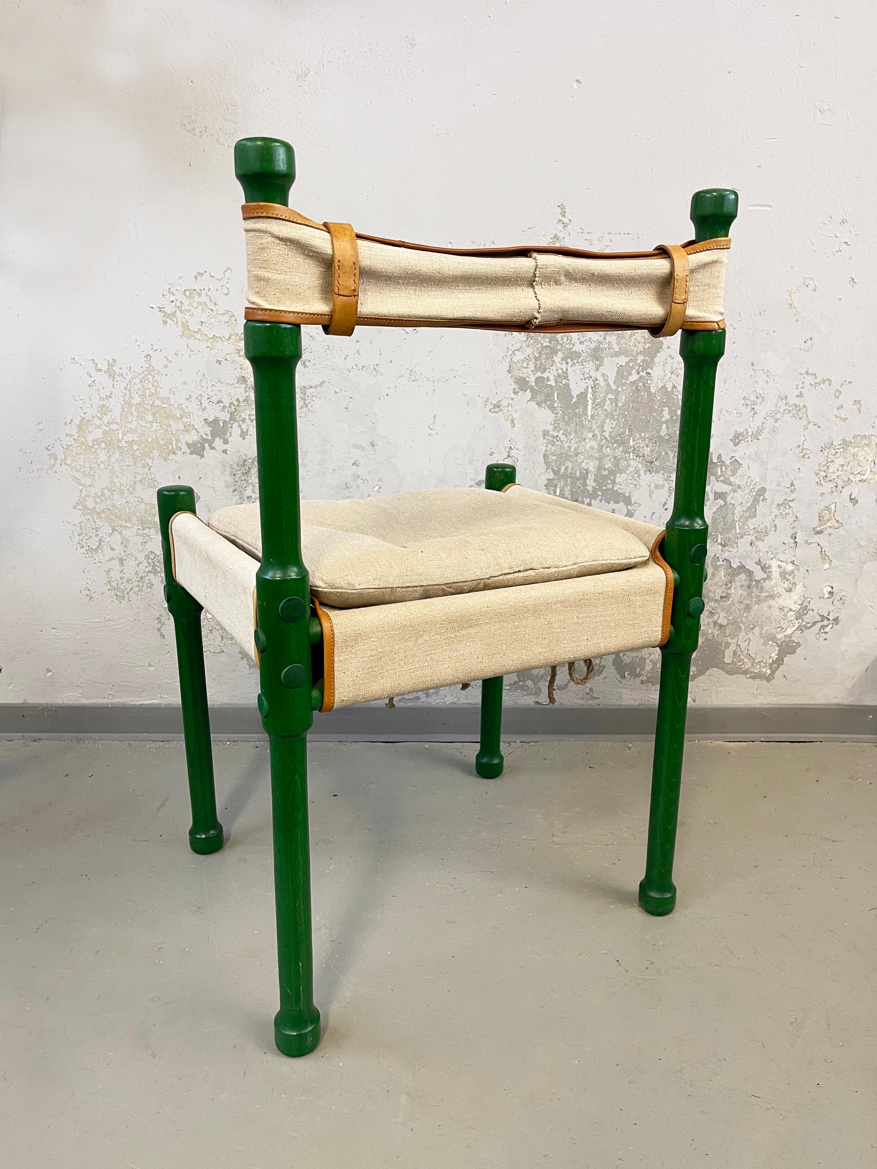 Hand-Crafted Mid-Century Dining Safari Chair Green, Wood, Leather & Linen, 1970s, Scandinavia