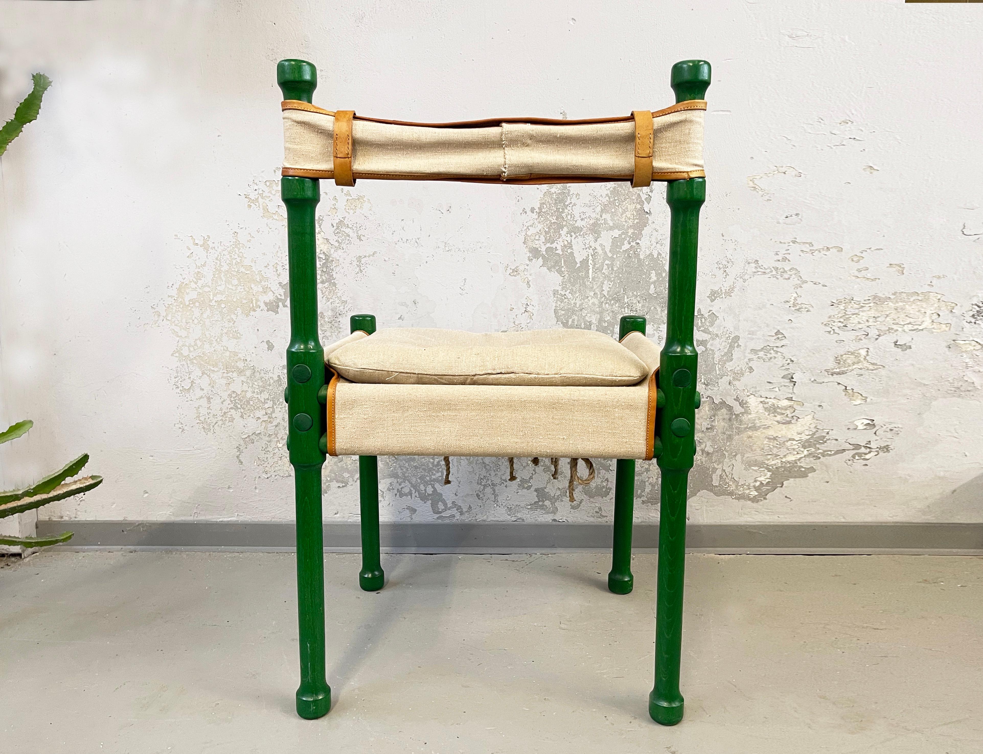20th Century Mid-Century Dining Safari Chair Green, Wood, Leather & Linen, 1970s, Scandinavia