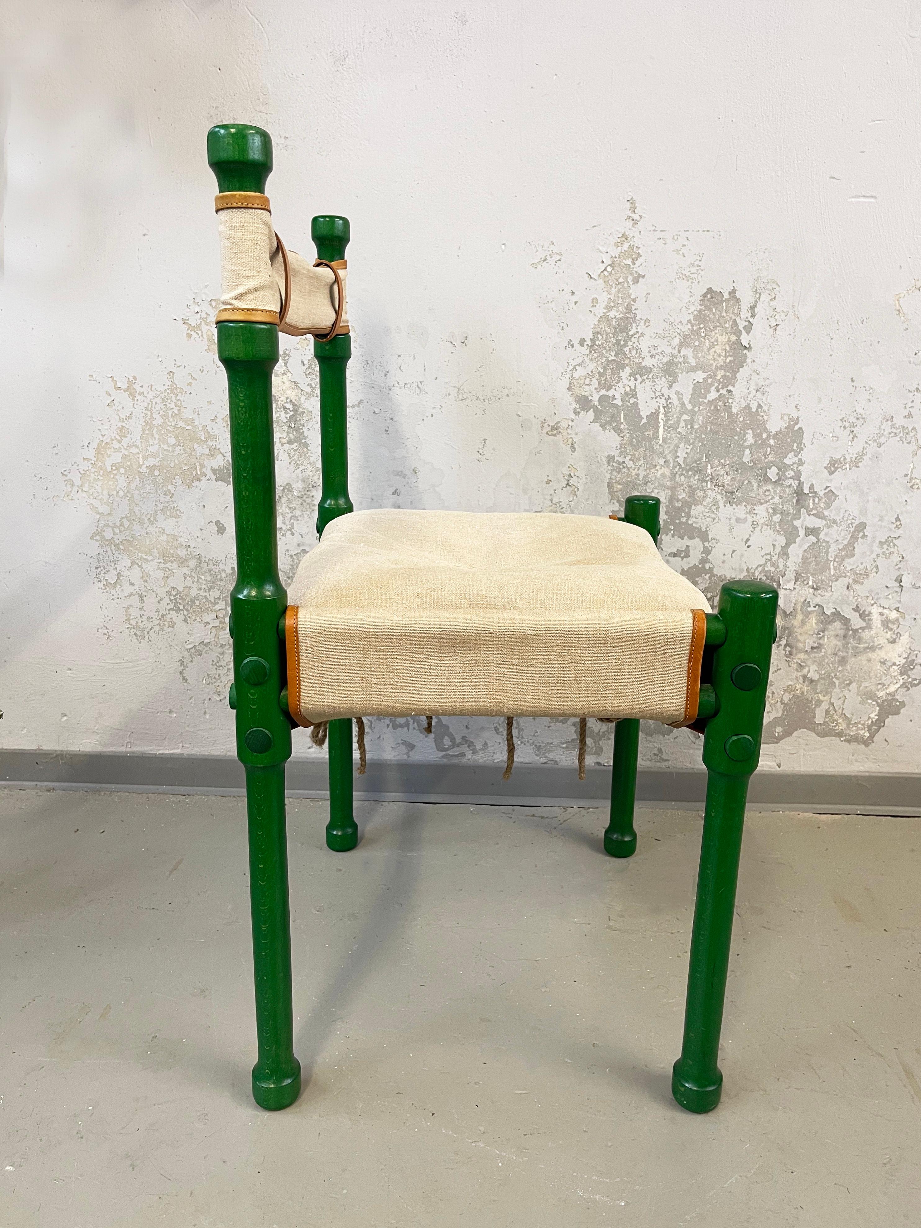 Mid-Century Dining Safari Chair Green, Wood, Leather & Linen, 1970s, Scandinavia 1