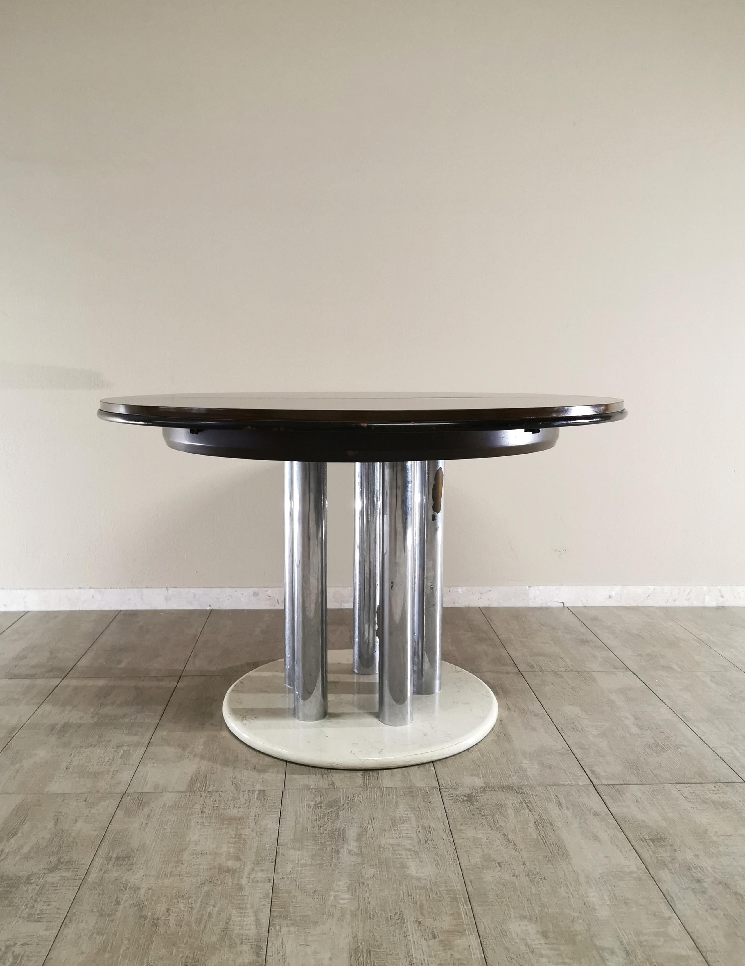 Mid Century Dining Table By Livenza Veneered Mahogany Chromed Metal Marble 1970s 4