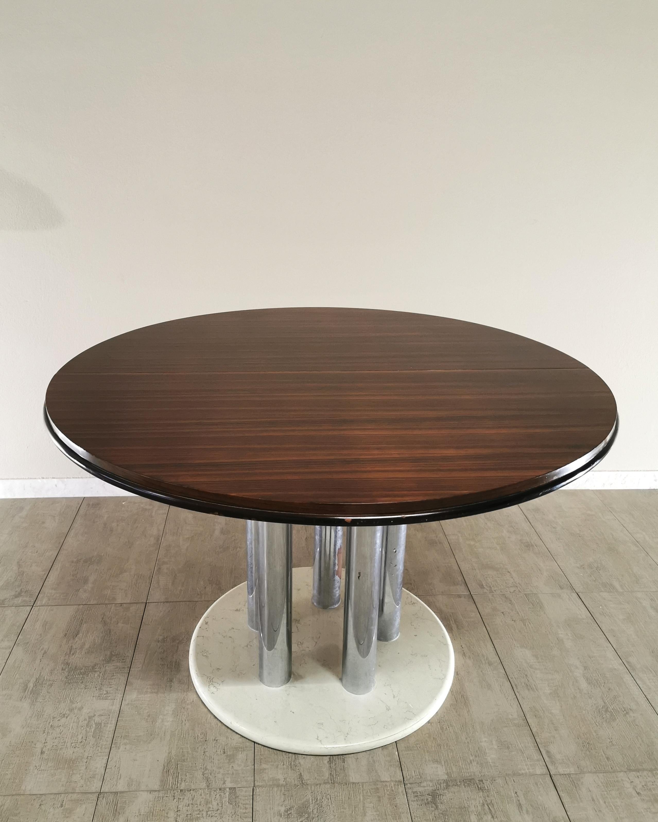 Mid Century Dining Table By Livenza Veneered Mahogany Chromed Metal Marble 1970s 2