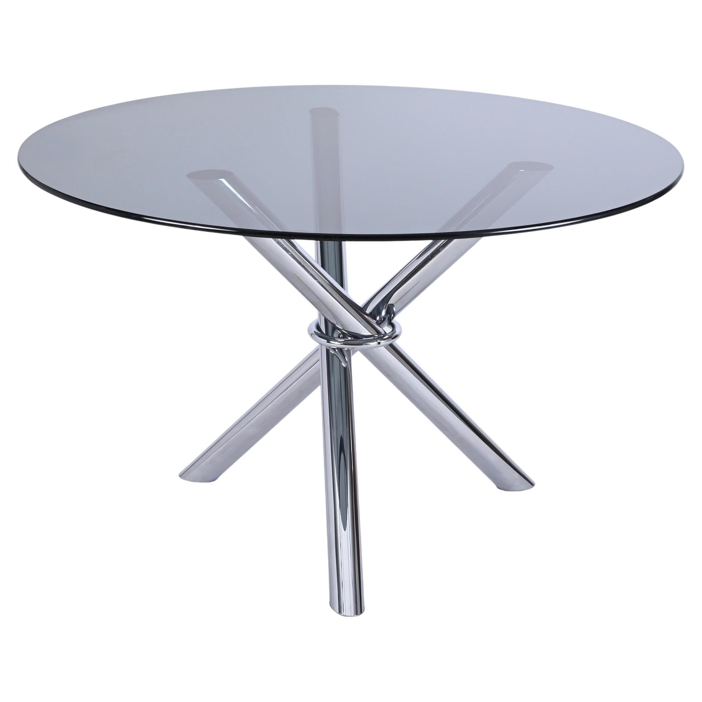 Mid-Century Dining Table, Chromed Stainless Steel with Smoked Glass, Italy 1970s
