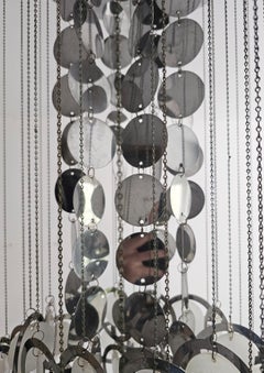 Mid Century Disc Chandelier von Gino Vistosi aus Chrom und weißem Murano-Glas