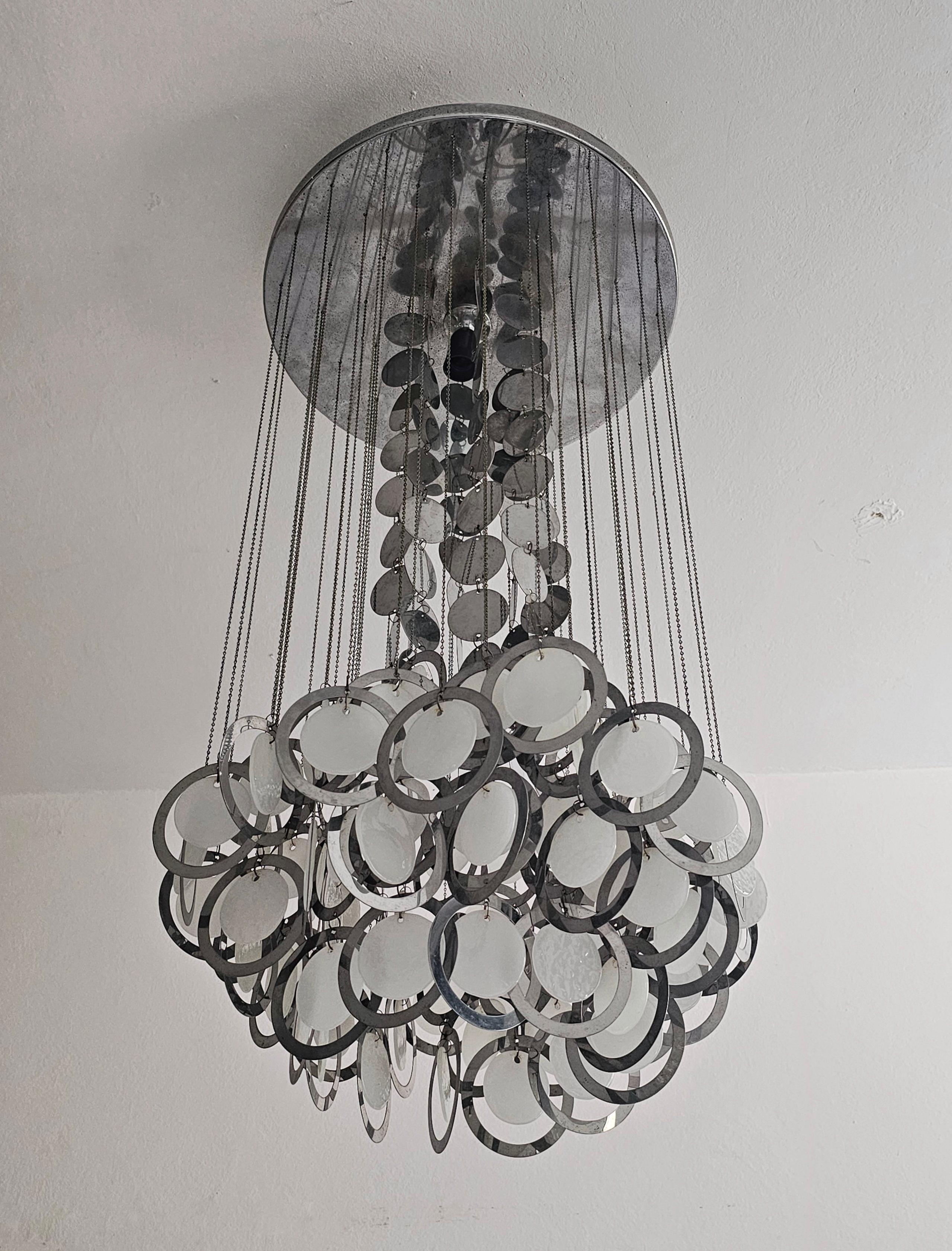 Mid Century Disc Chandelier von Gino Vistosi aus Chrom und weißem Murano-Glas (Muranoglas) im Angebot