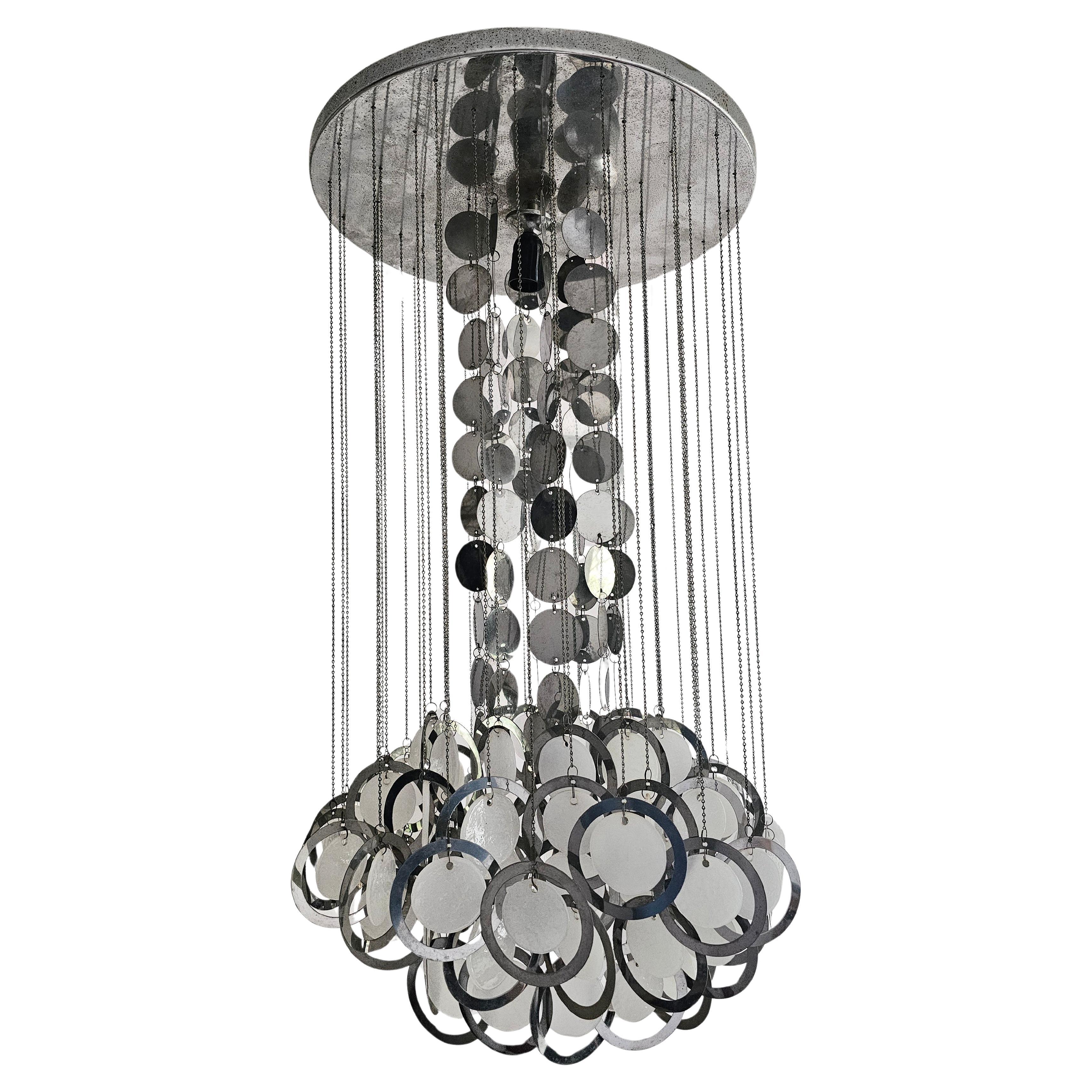 Mid Century Disc Chandelier von Gino Vistosi aus Chrom und weißem Murano-Glas im Angebot