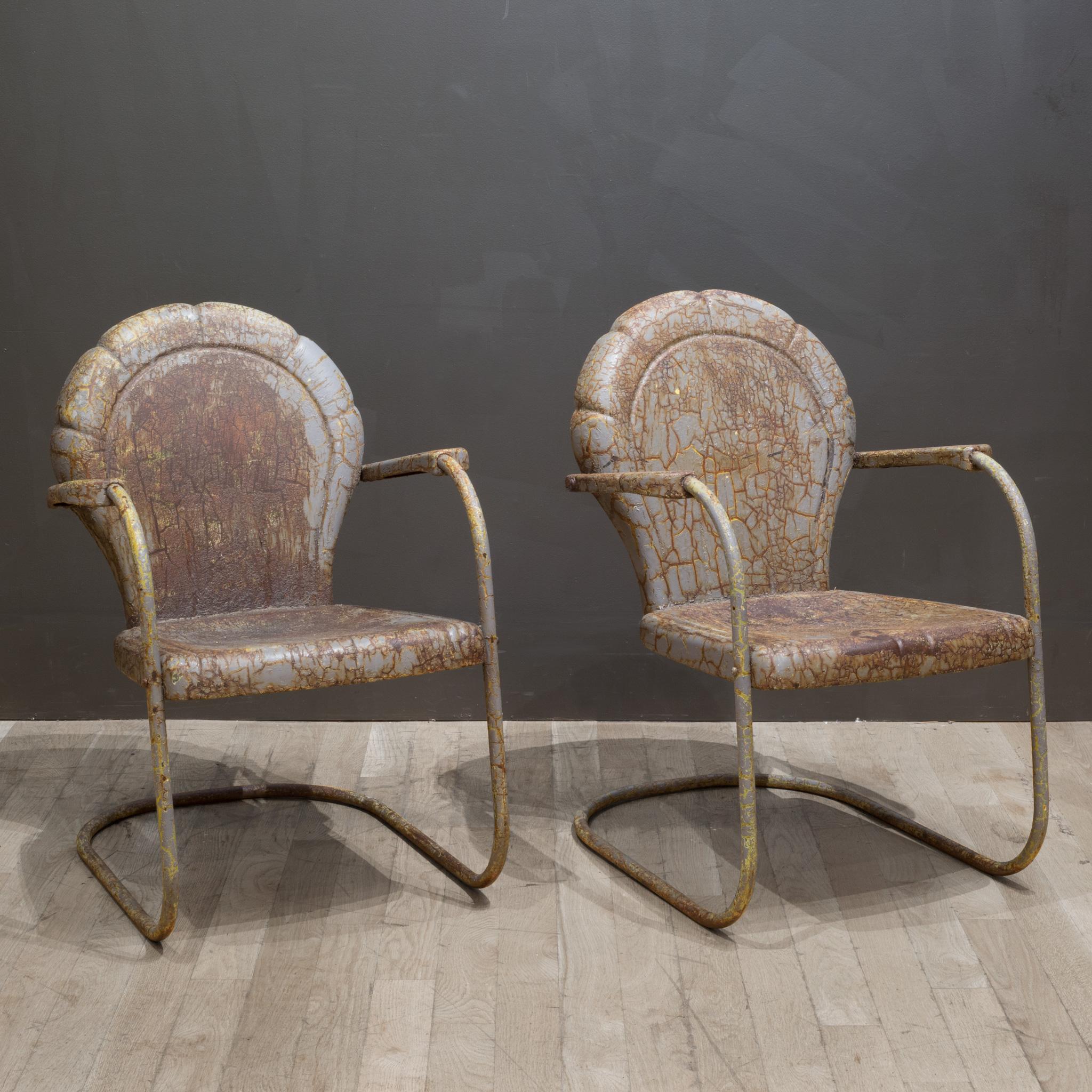 Mid-century Distressed Metal Patio Clam Shell Chairs c.1950 In Good Condition In San Francisco, CA