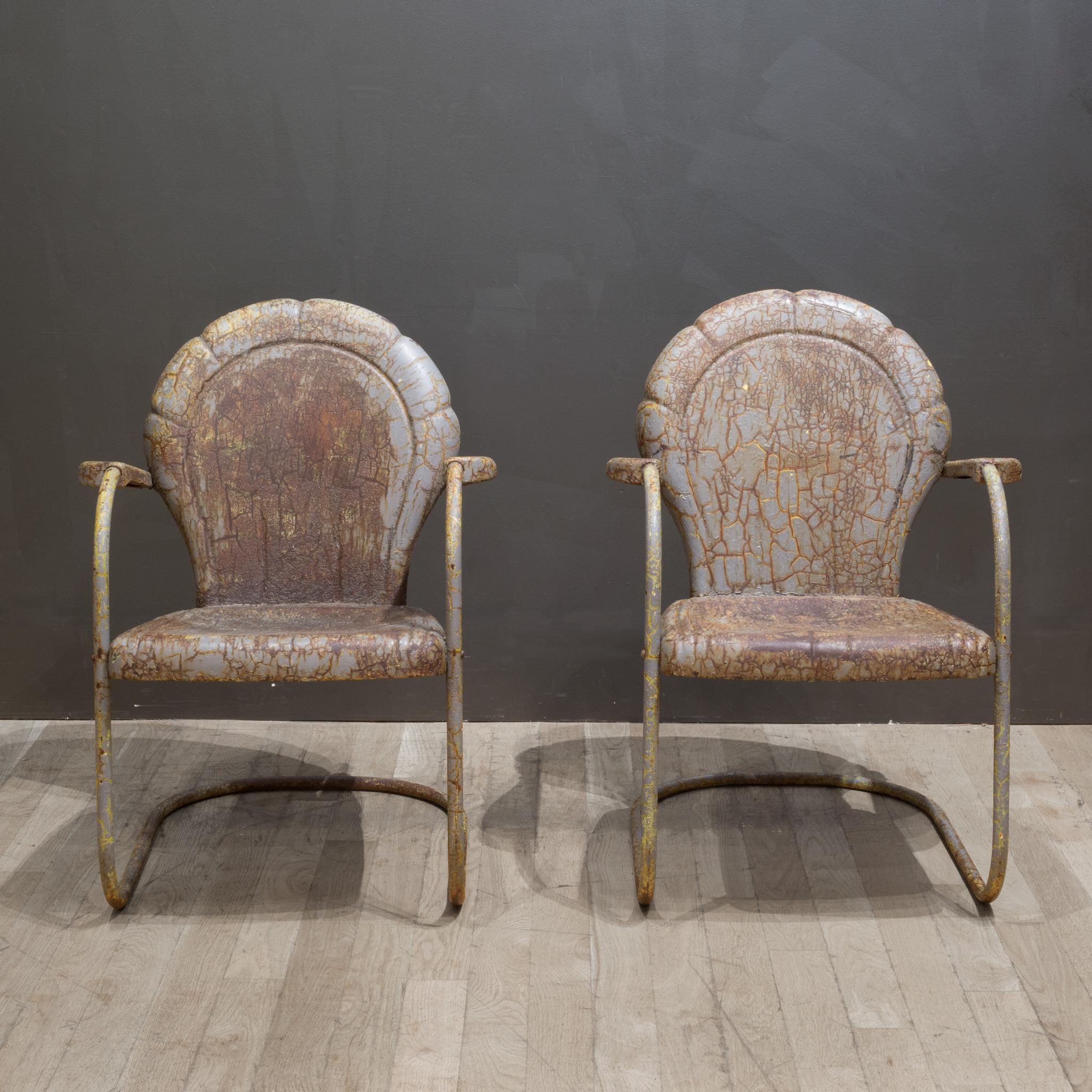 20th Century Mid-century Distressed Metal Patio Clam Shell Chairs c.1950