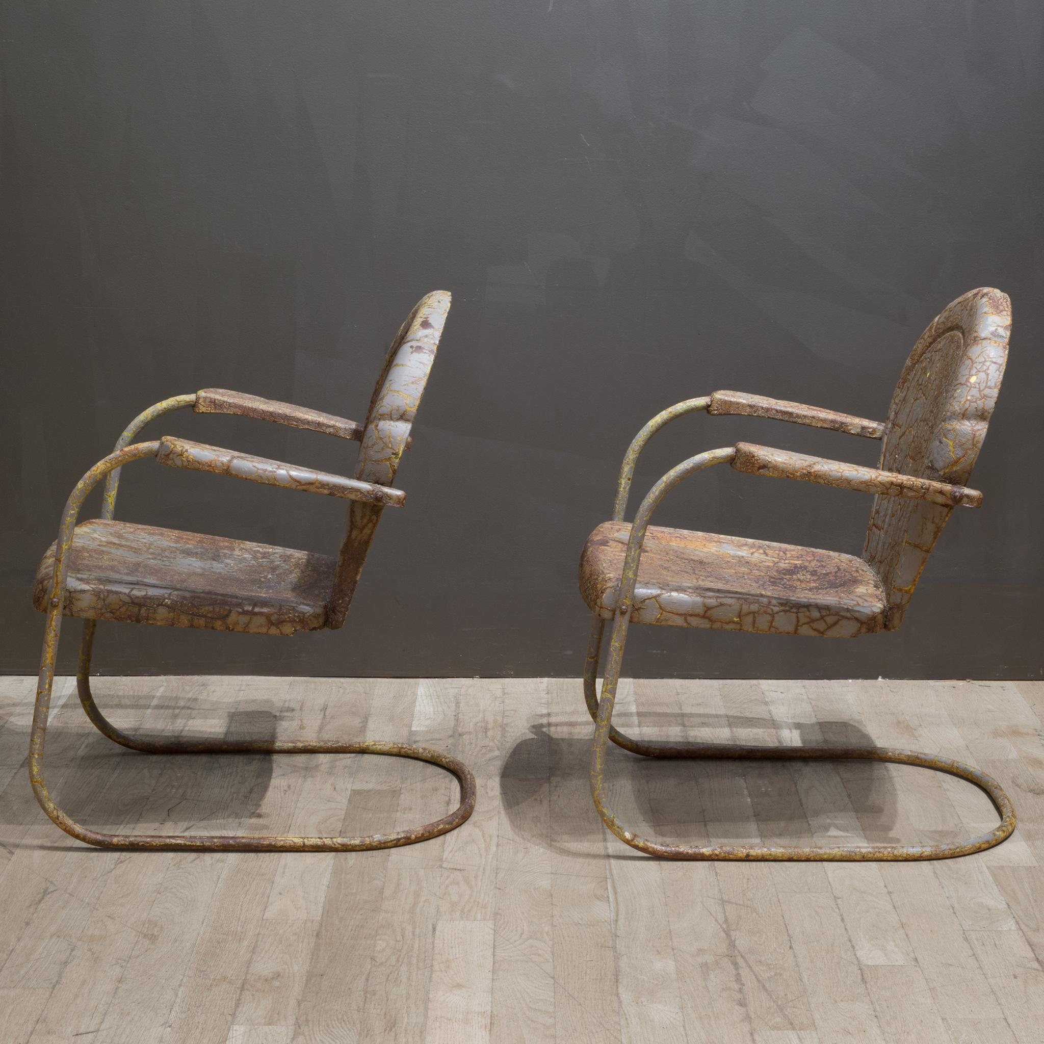 Wrought Iron Mid-century Distressed Metal Patio Clam Shell Chairs c.1950