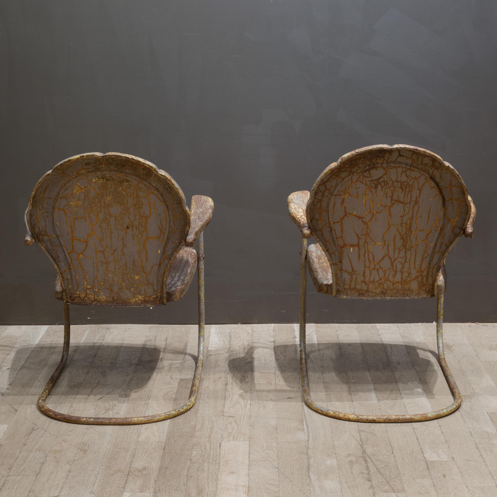 Mid-century Distressed Metal Patio Clam Shell Chairs c.1950 1