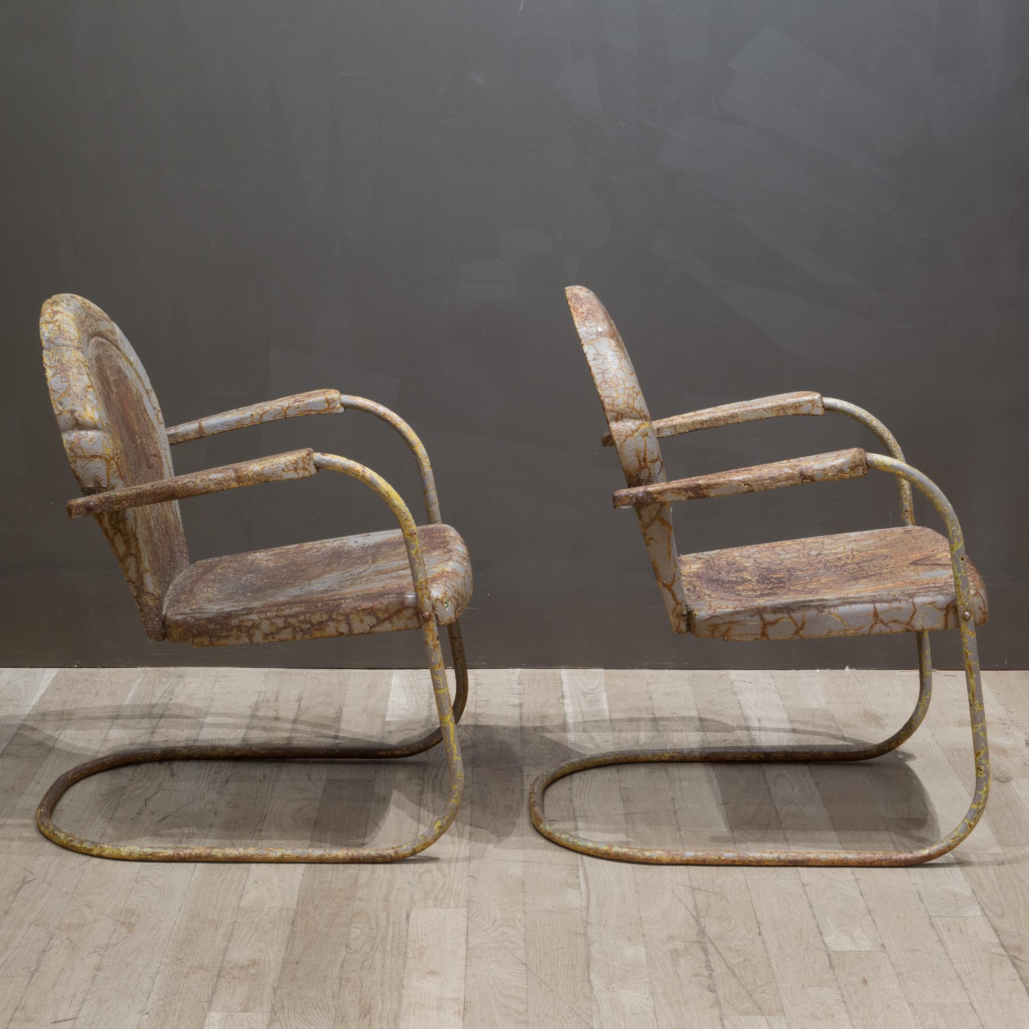 Mid-century Distressed Metal Patio Clam Shell Chairs c.1950 2