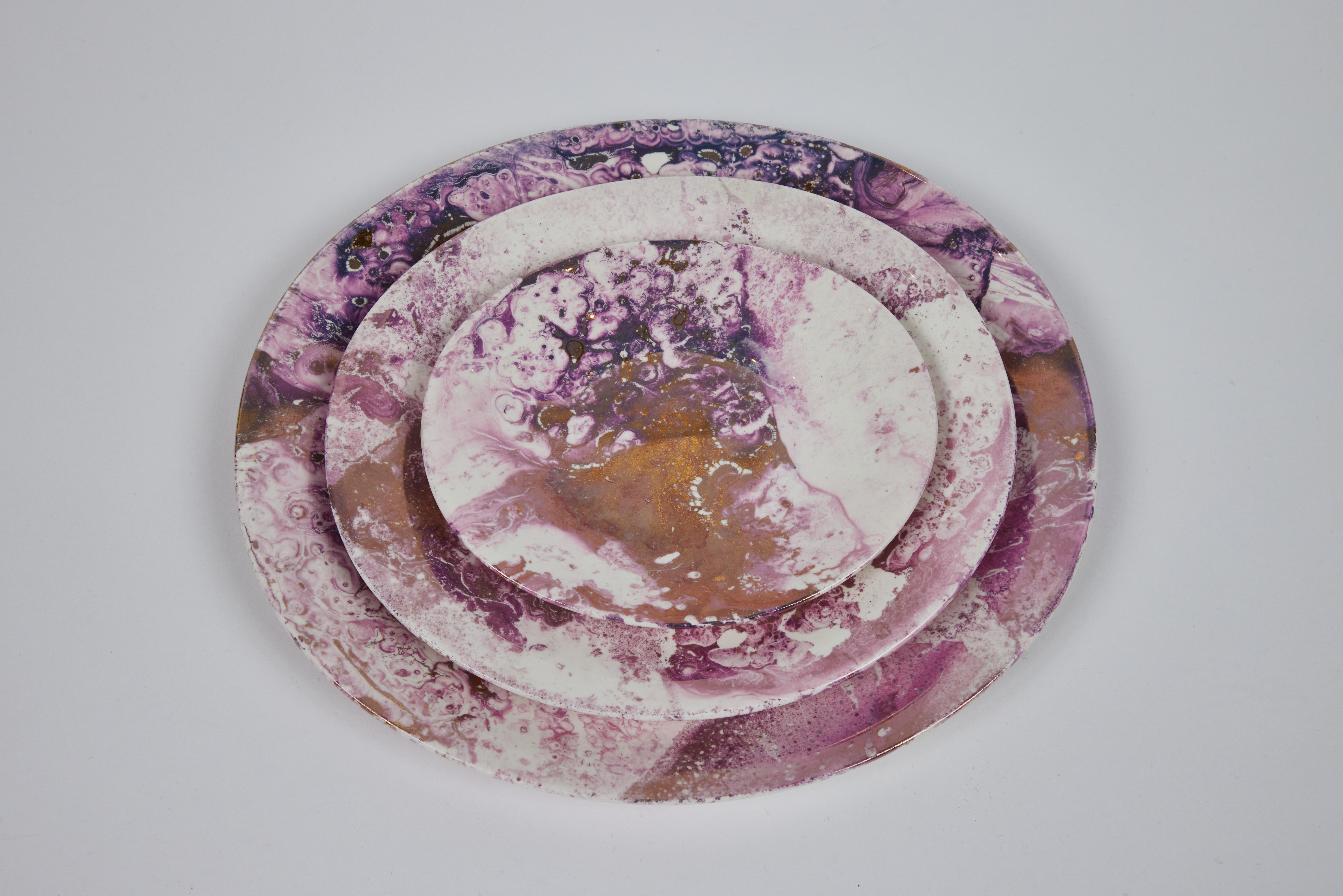 Mid-century Dixie Rett (Coral Gables) ceramic dishes are decorated with a mauve pink and gold marbled glaze with a rich luster finish.

Dinner 11