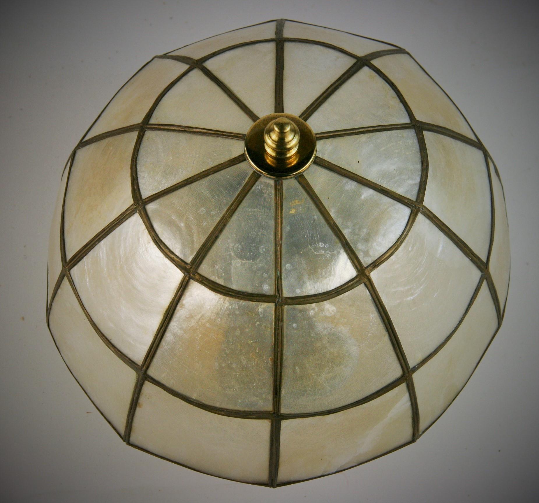 Mid Century Dome Shaped Capiz Shell Semi Flushmount In Good Condition For Sale In Douglas Manor, NY