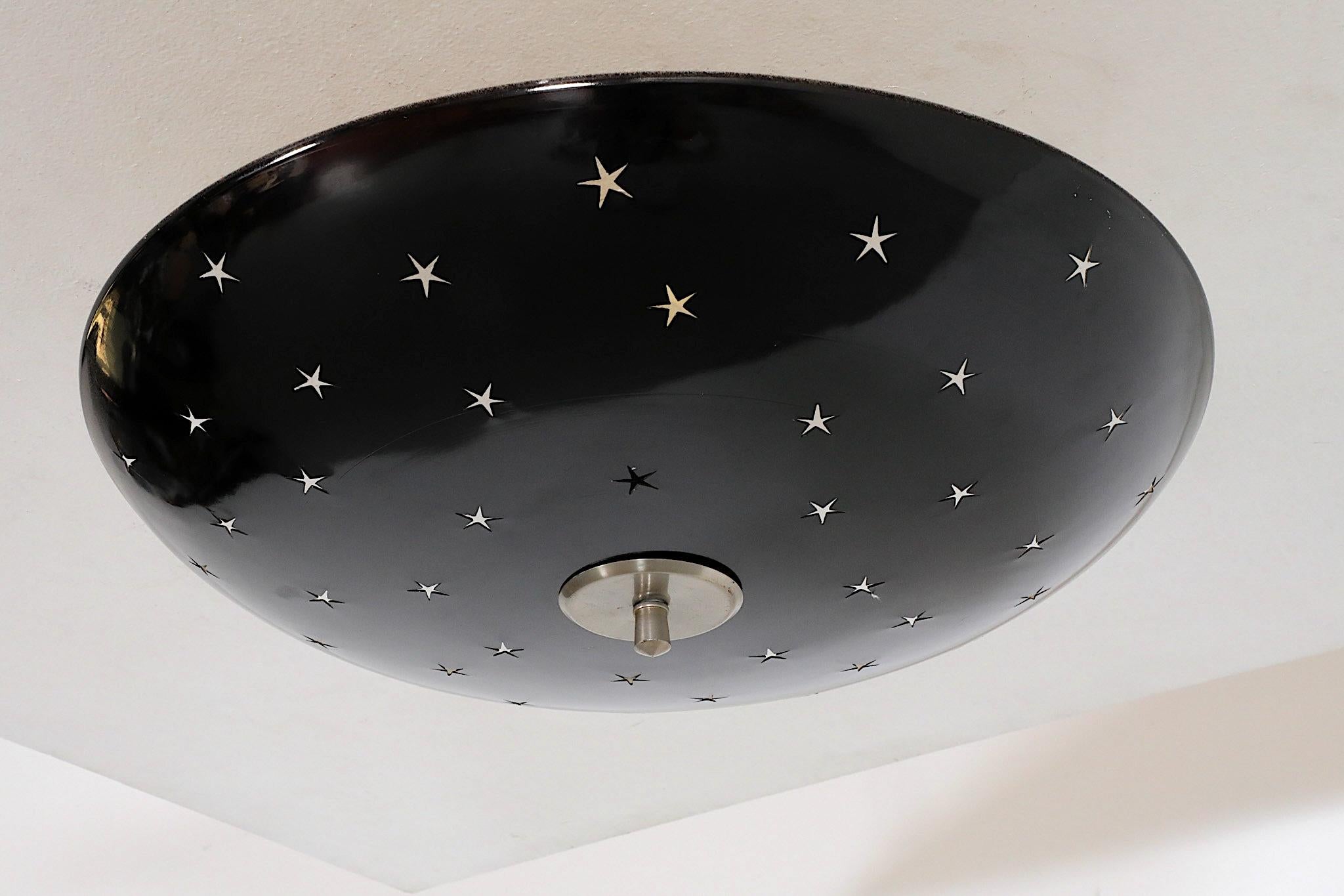 Mid-Century Domed Black Enameled Metal Ceiling Sconce with Star Cutouts 5