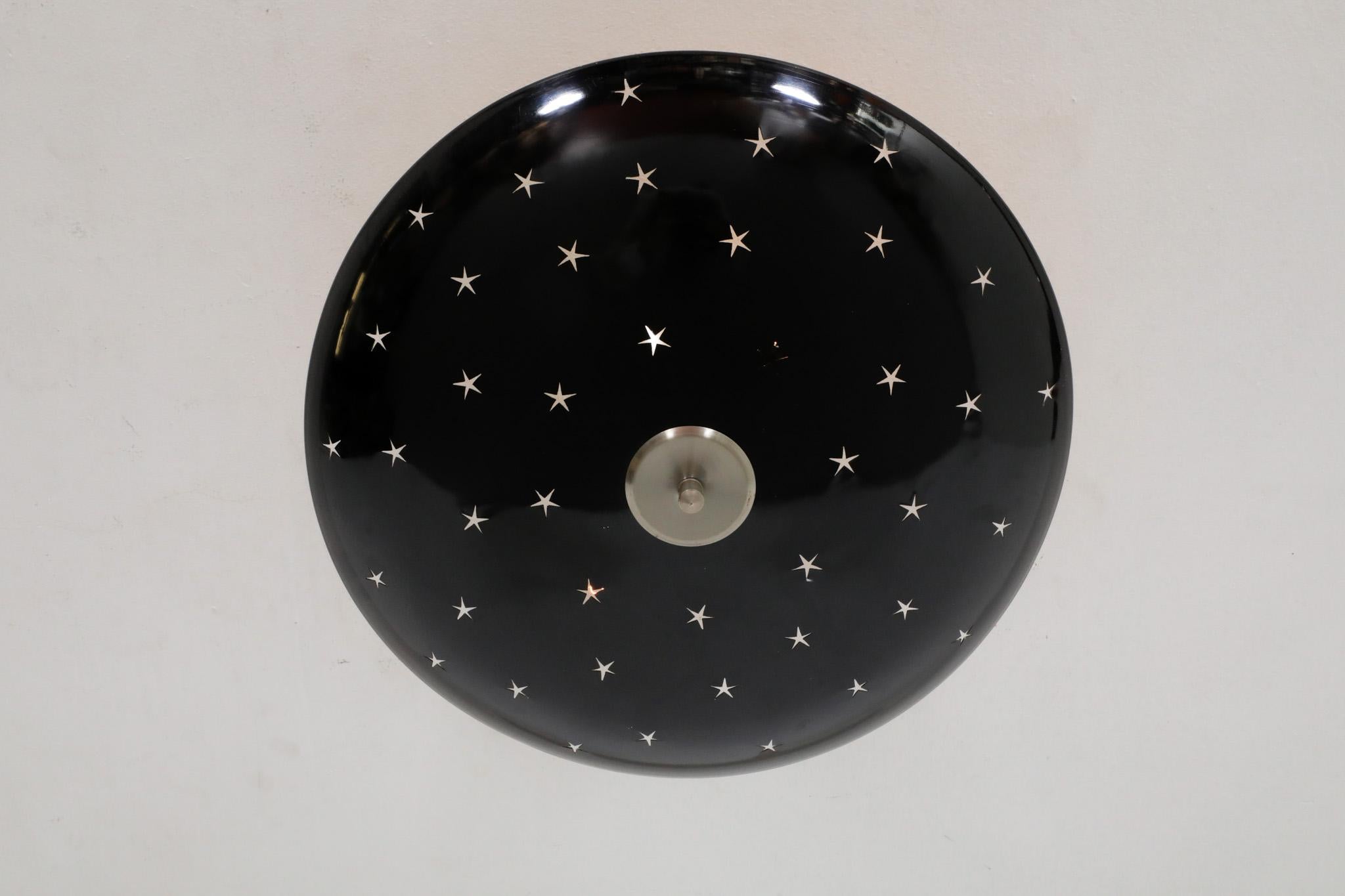 Mid-Century Domed Black Enameled Metal Ceiling Sconce with Star Cutouts In Good Condition In Los Angeles, CA