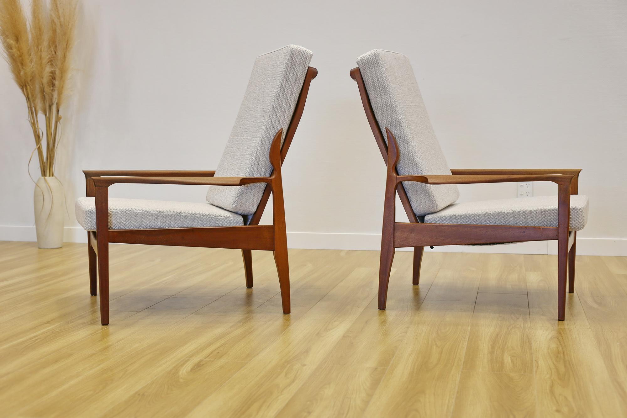 Wood Mid Century Don Narvic armchairs x 2. New upholstery For Sale