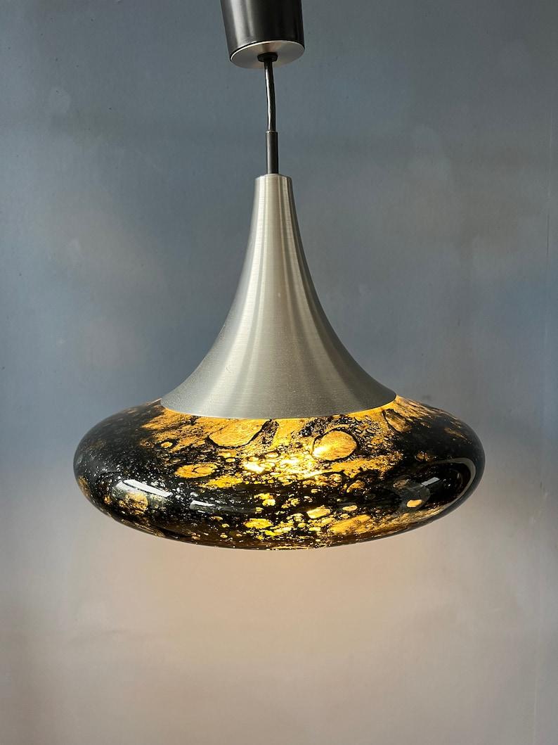 20th Century Mid Century Doria Leuchten Black Glass Pendant Lamp Space Age Hanging Lamp For Sale