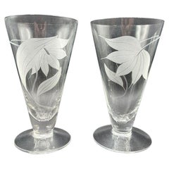 Mid-century Dorothy Thorpe Style Footed Tumbler w/ Etched Tropical Lilies, Pair