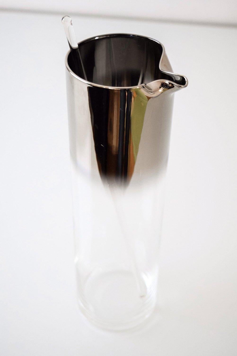 American Midcentury Dorothy Thorpe Style Silver Rimmed Cocktail Pitcher with Stirrer