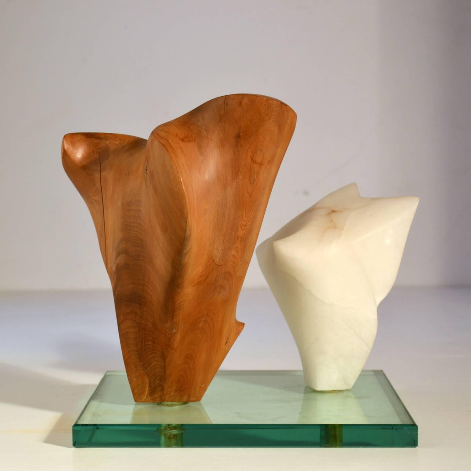Mid-Century Modern Midcentury Double Abstract Sculpture Carved in Wood and Alabaster