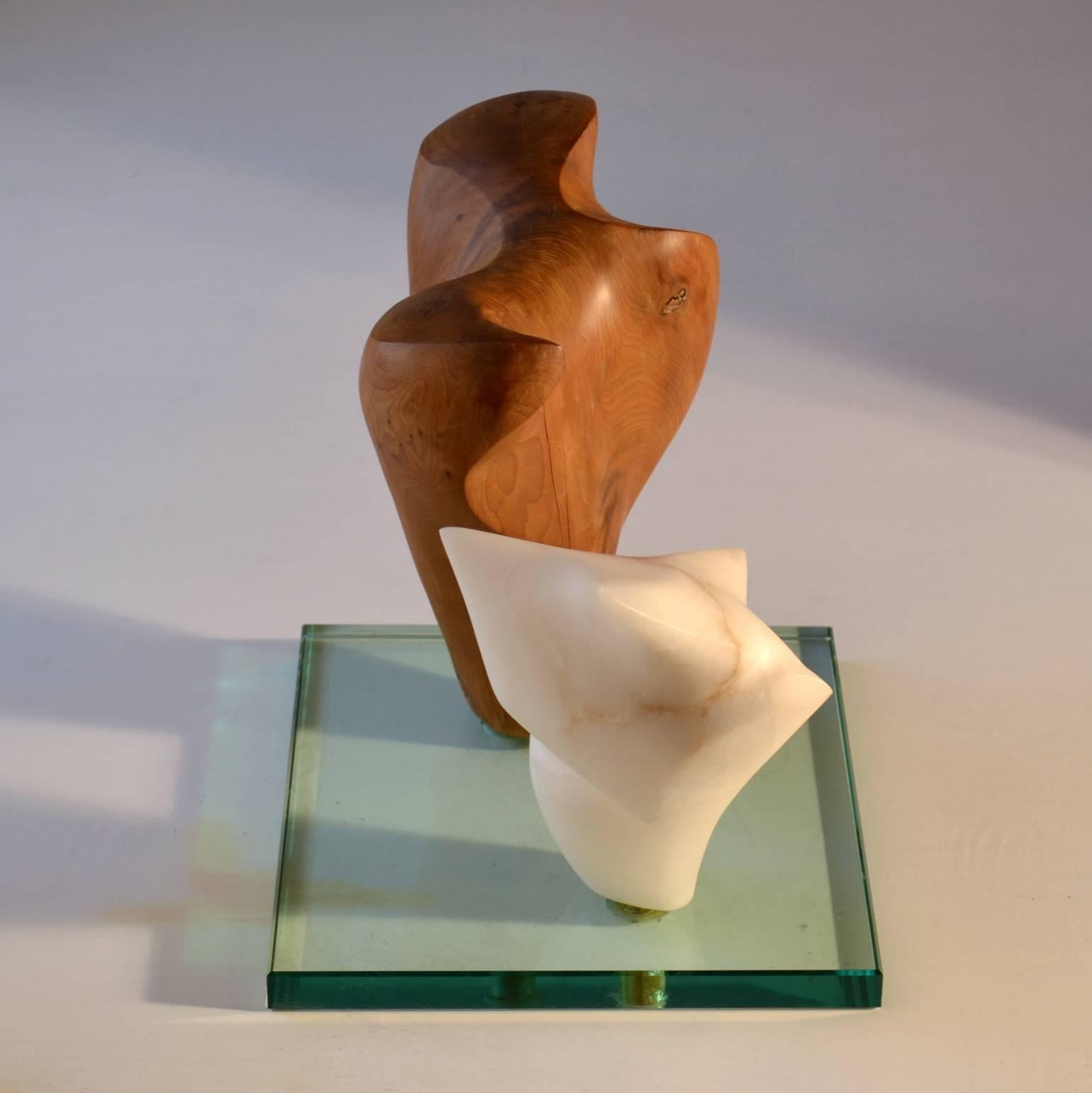 Midcentury Double Abstract Sculpture Carved in Wood and Alabaster In Excellent Condition In London, GB