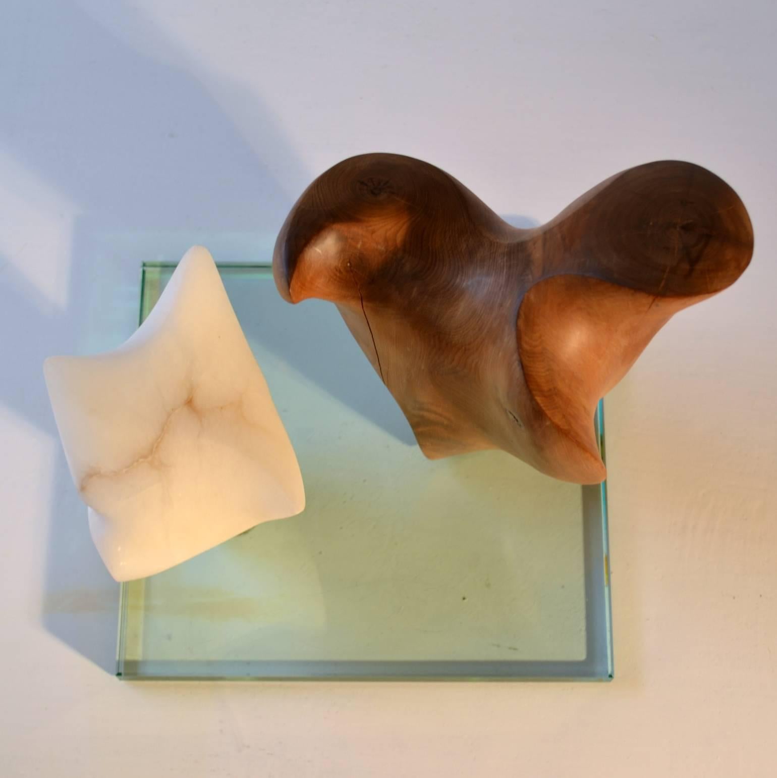 Cut Glass Midcentury Double Abstract Sculpture Carved in Wood and Alabaster