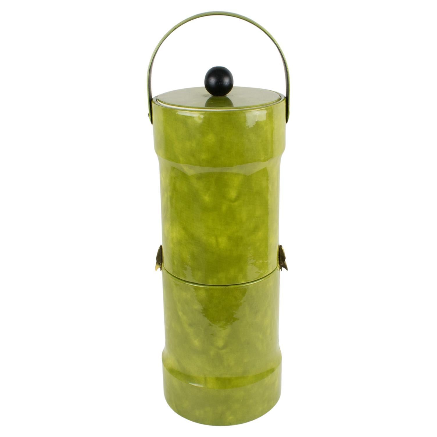Seau à glace en cuir PVC vert pour bar à deux étages du milieu du siècle