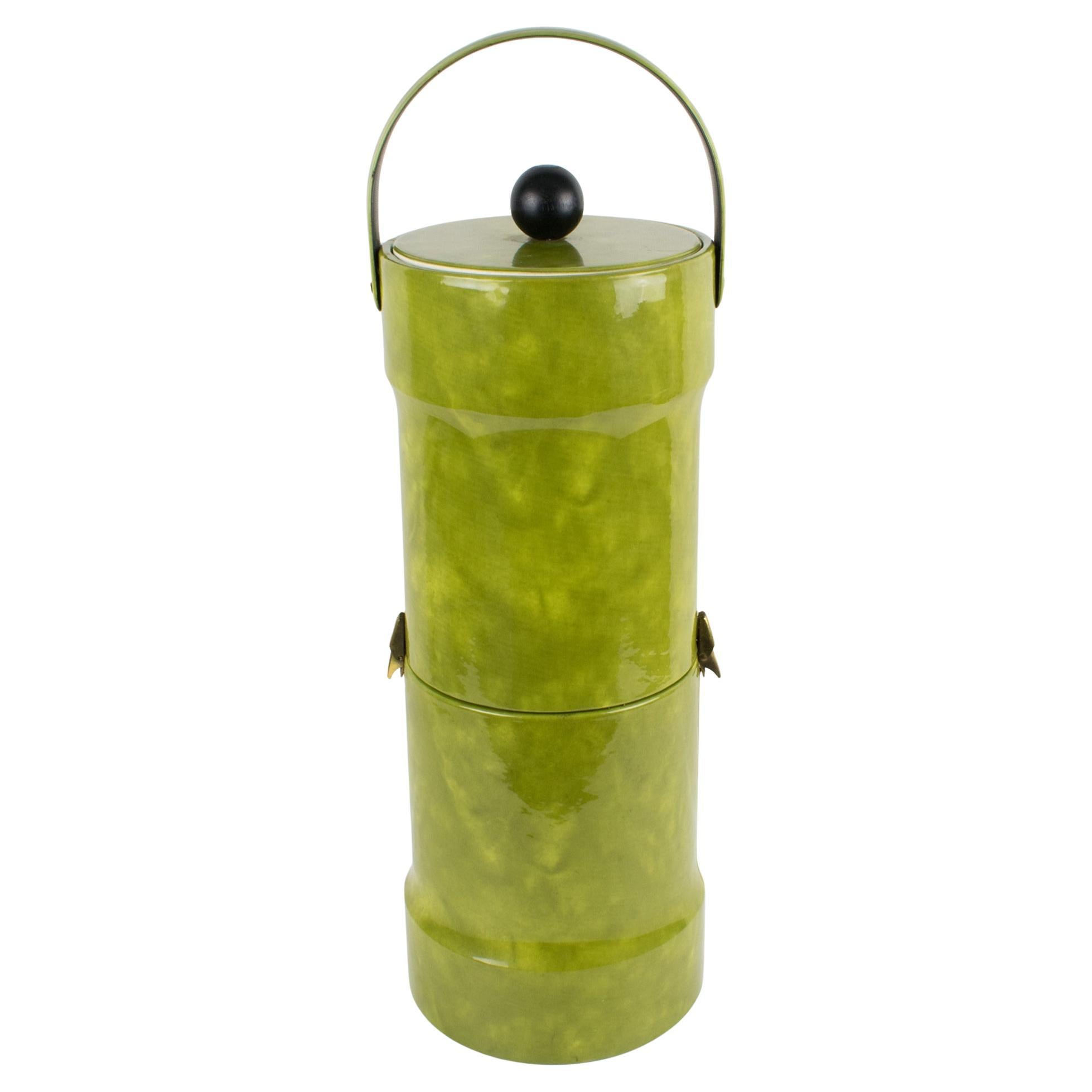 Seau à glace en cuir PVC vert pour bar à deux étages du milieu du siècle en vente