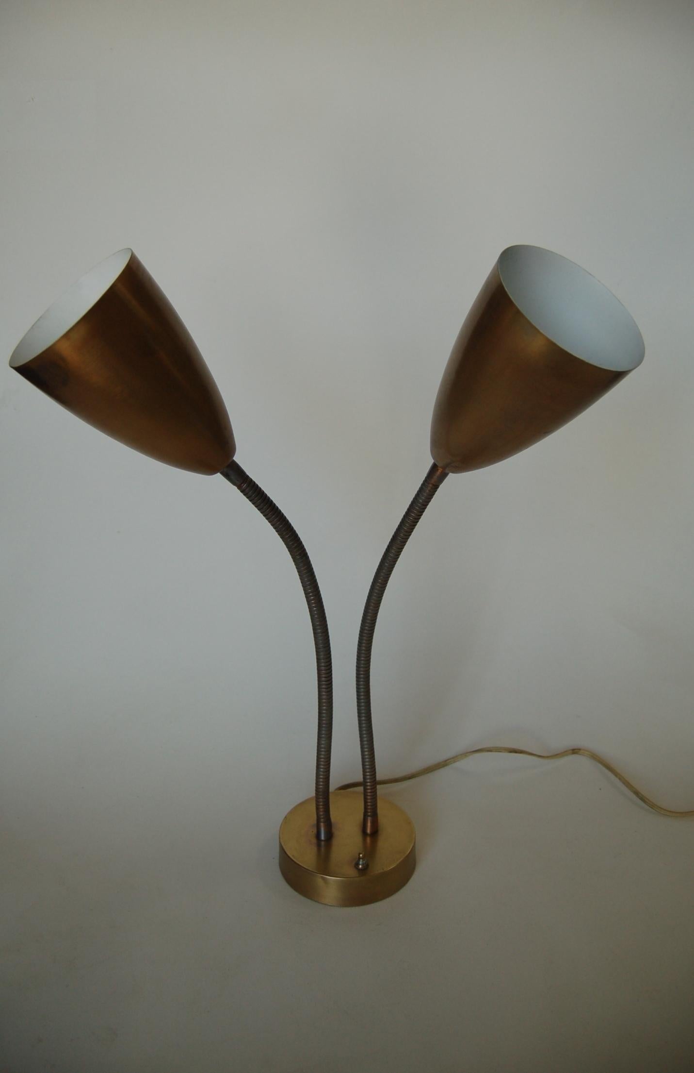 Cast Midcentury Double Gooseneck Brass Desk Table Lamp